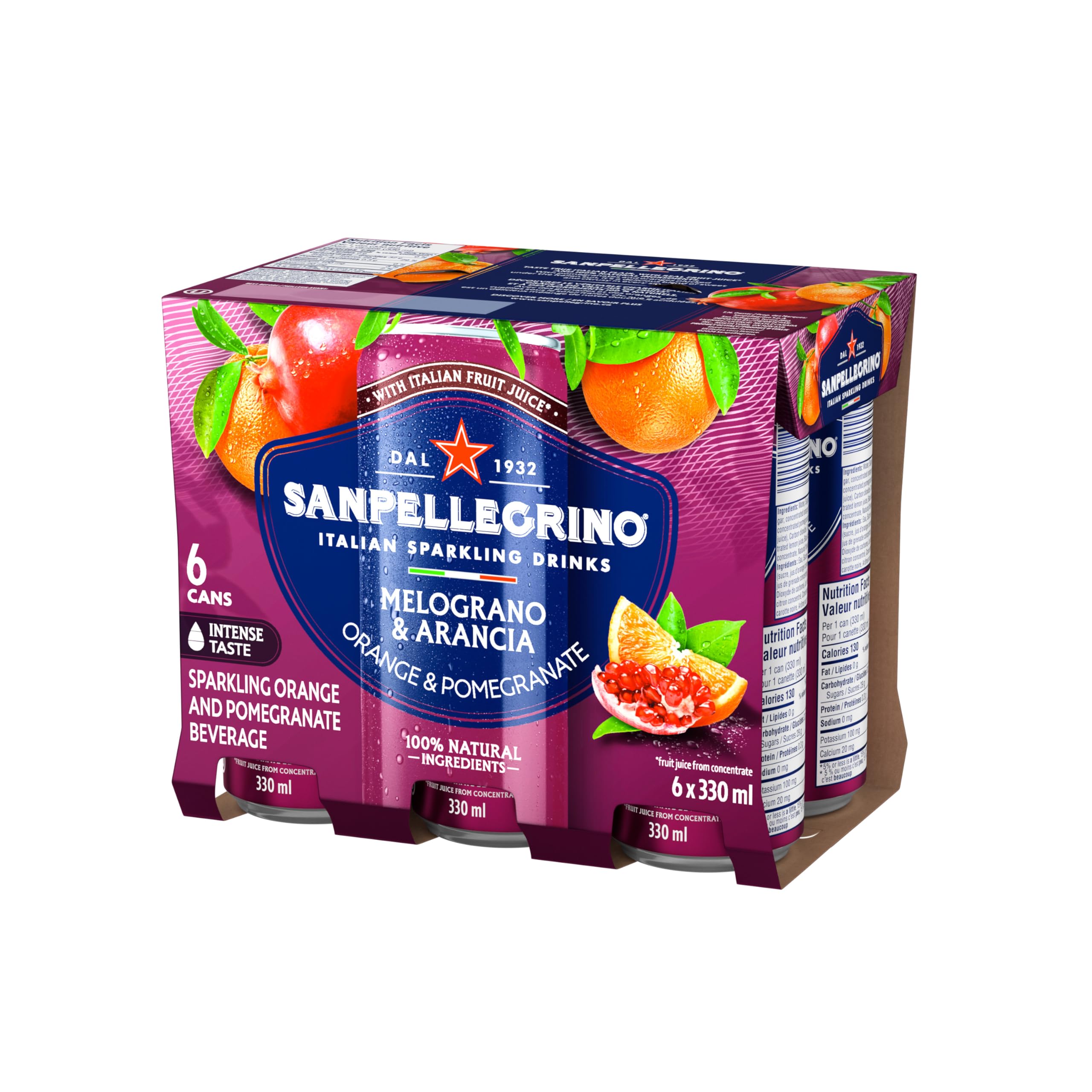 San Pellegrino Naturali – Boisson pétillante italienne Melograno & Arancia, orange et grenade, 330 ml, 24 canettes au total