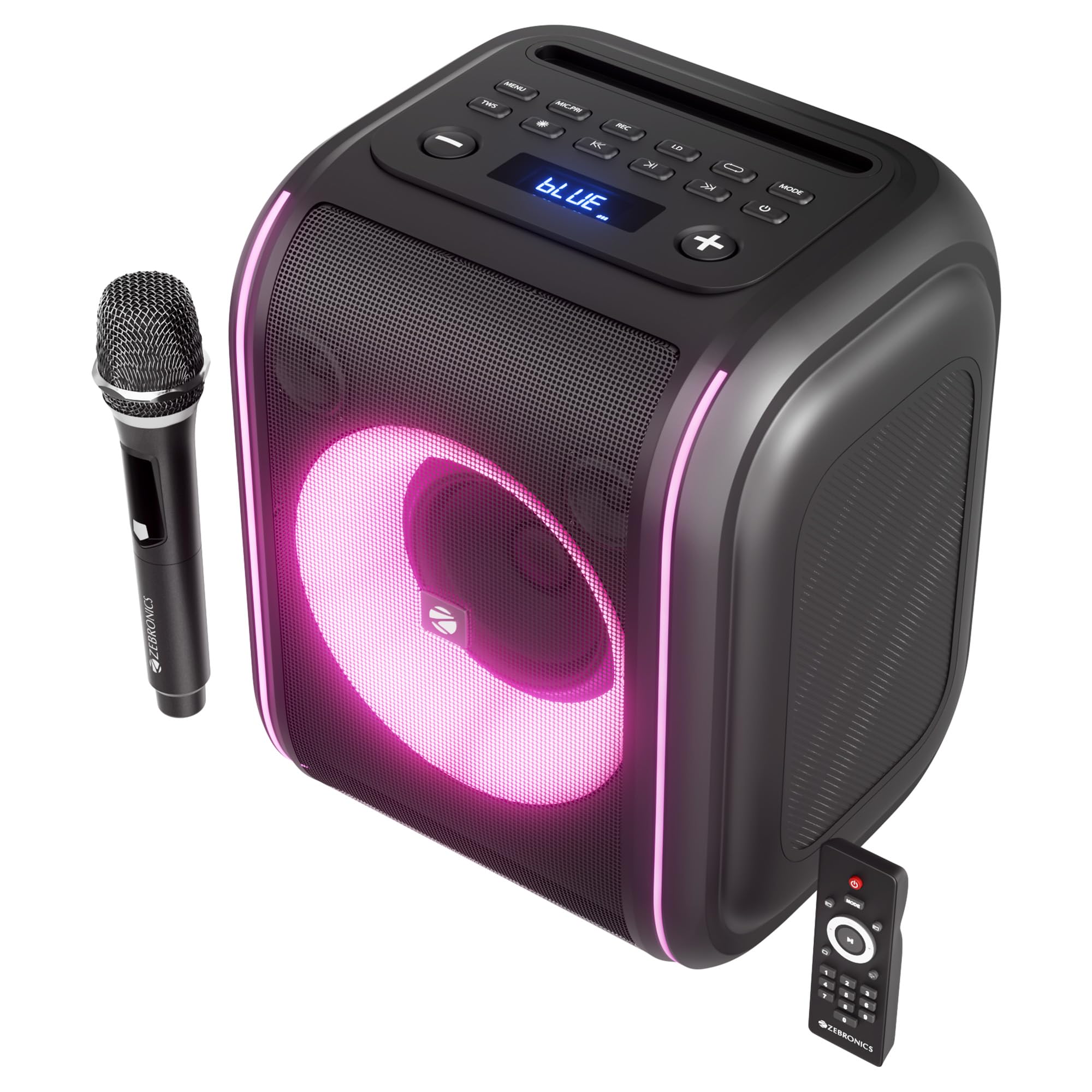 Zebronics Bluetooth Speaker, 60W Output, 8h Playback, 8-inch Driver, RGB Lights, BT v5.4, USB, mSD, AUX, Type-C Charging, Karaoke, Wireless Mic, TWS, Mobile Holder, Remote Control (Sound Feast 880)