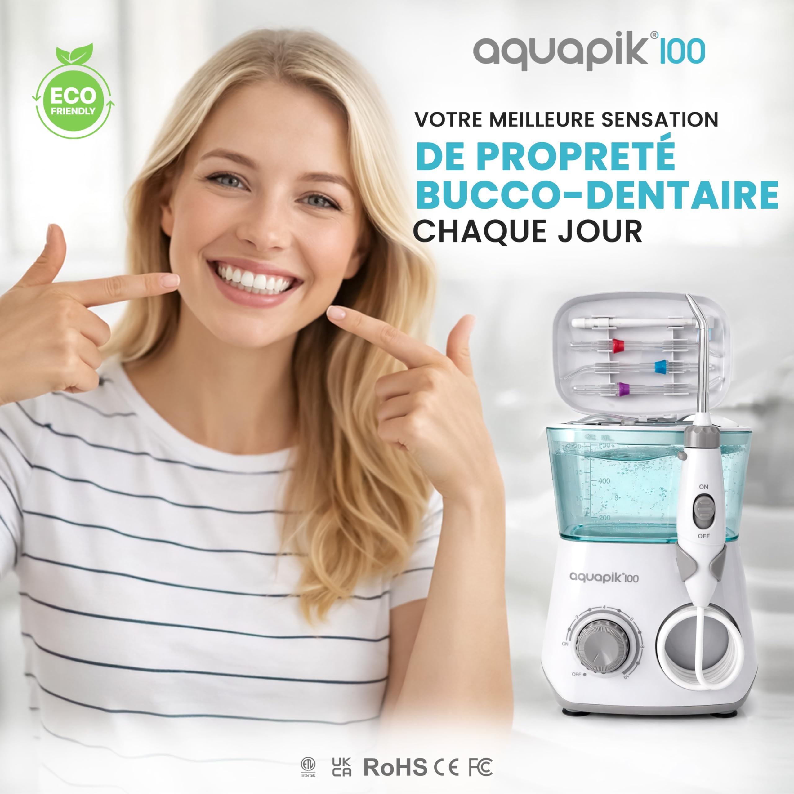 Aquapik100 Hydropulseur Dentaire Water Flosser 600 ml 10 Niveaux 8 Embouts.