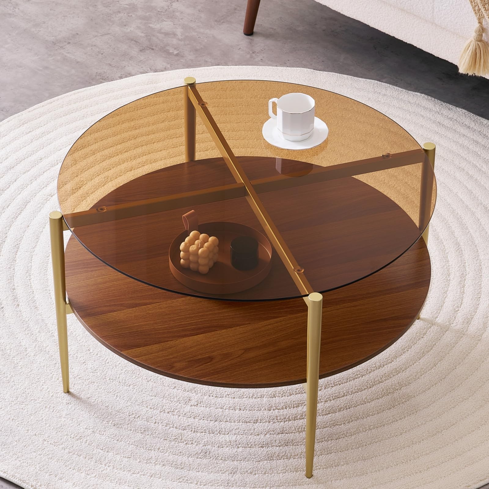 Round Coffee Table, Mid-Century Modern Design, D30 x H17, for Living Room, 2-Tier Structure, Amber Glass Top and Walnut MDF Shelf, Sleek Conical Metal Legs with Gold Finish