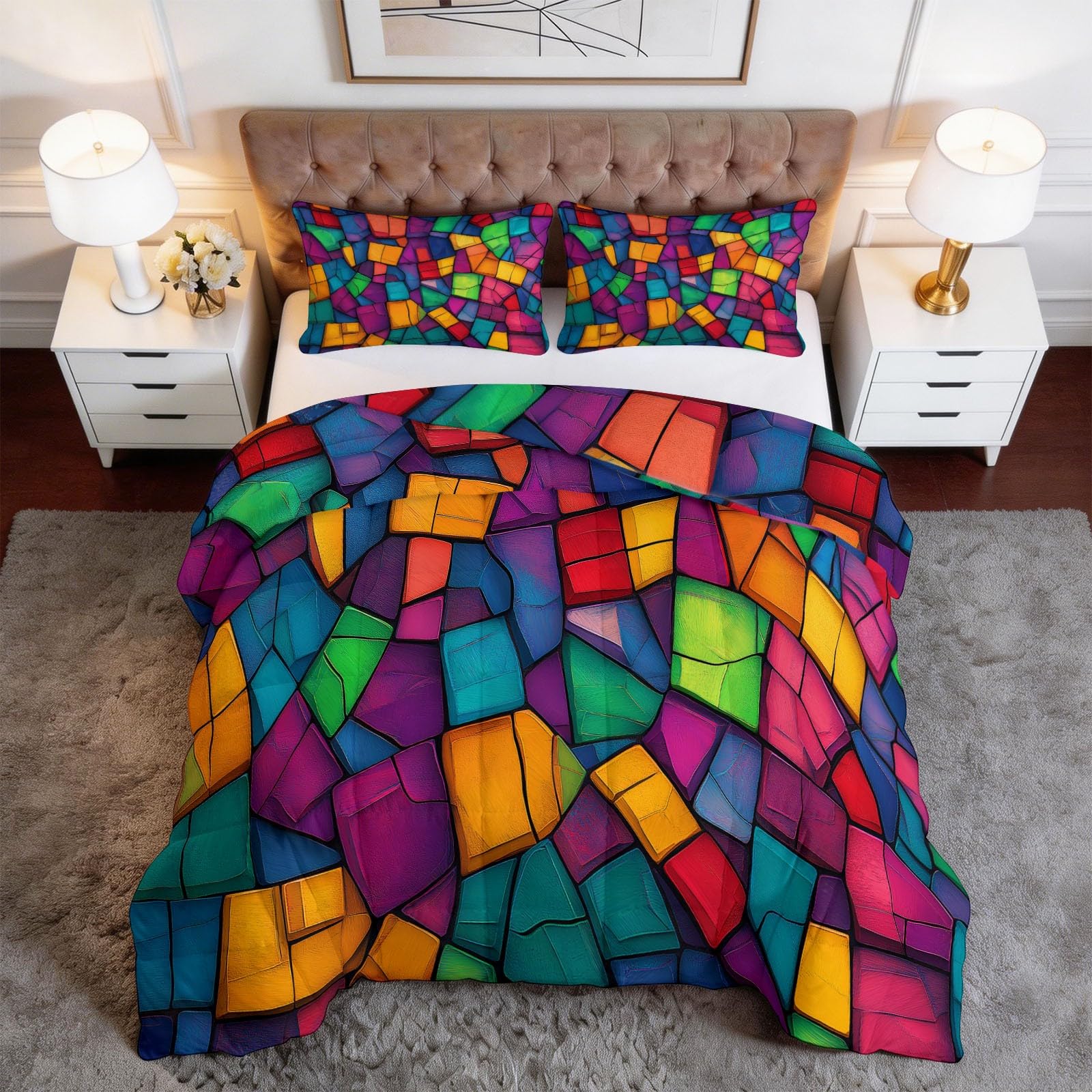 CozyRest Edredon Relleno nordico Cama Infantil Algodón - Geométrico Mosaico Cuadrado Rejilla - Bebe rellena Juego de Manta con Almohada 50 x 75 cm por niños e niñas Colorido