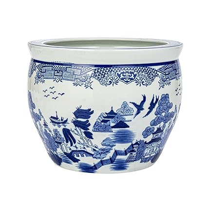Creative Co-Op Hand-Painted Stoneware Planter, Blue and White