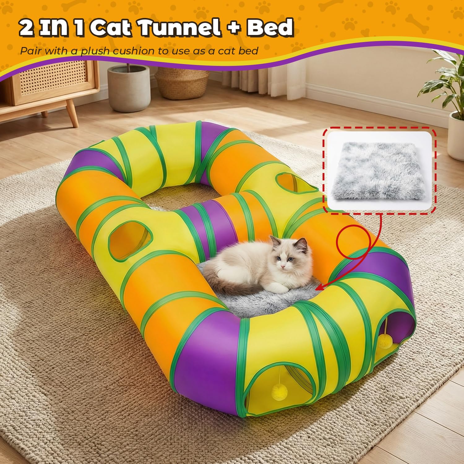 Tunnel de Jeu pour Chat Interieur en Forme de 8, Jouer Tube pour Chat avec Pompons Suspendus et Trou interactif pour Chatons, Chiots, Lapins, furets, cochons d'Inde