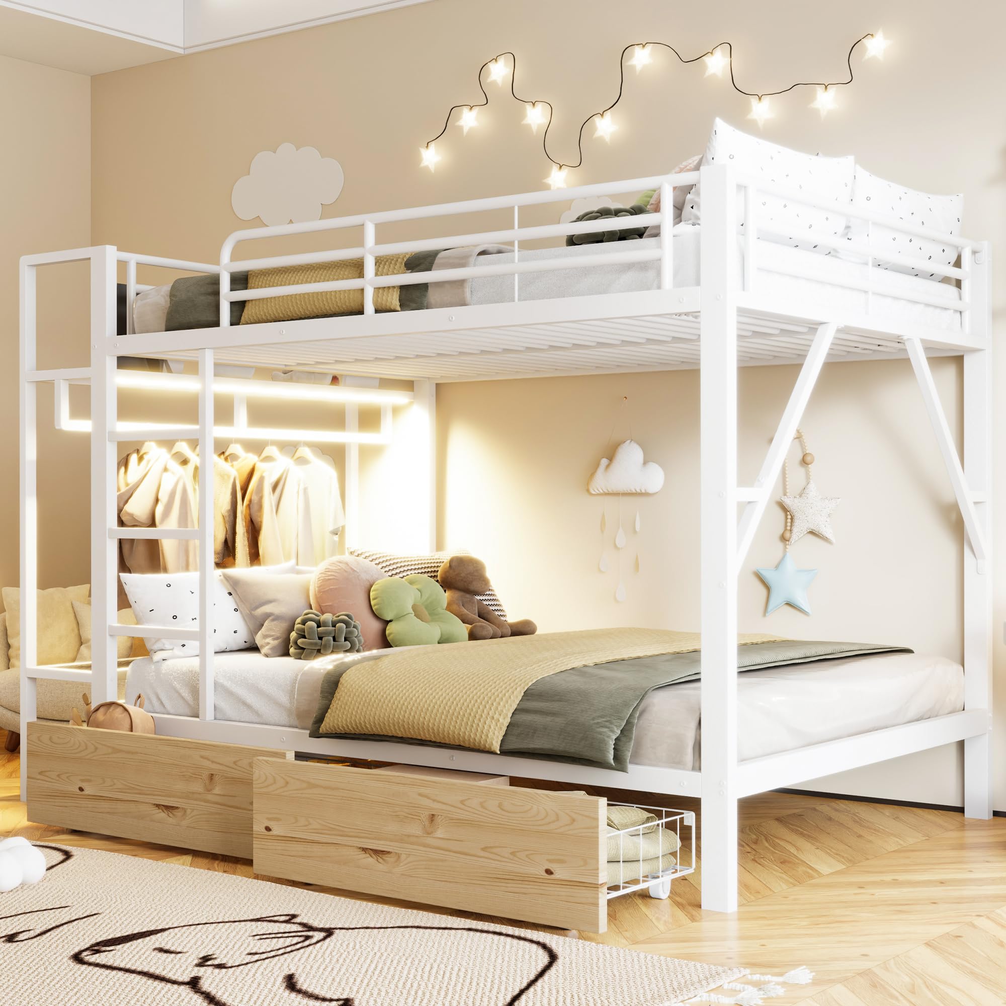 Letto a soppalco 140x200cm con striscia luminosa a LED e appendiabiti,metallo letto a castello con 2 cassetti e ripiani multipli,ferro letto matrimoniale,letti per ado,senza materasso,Bianco