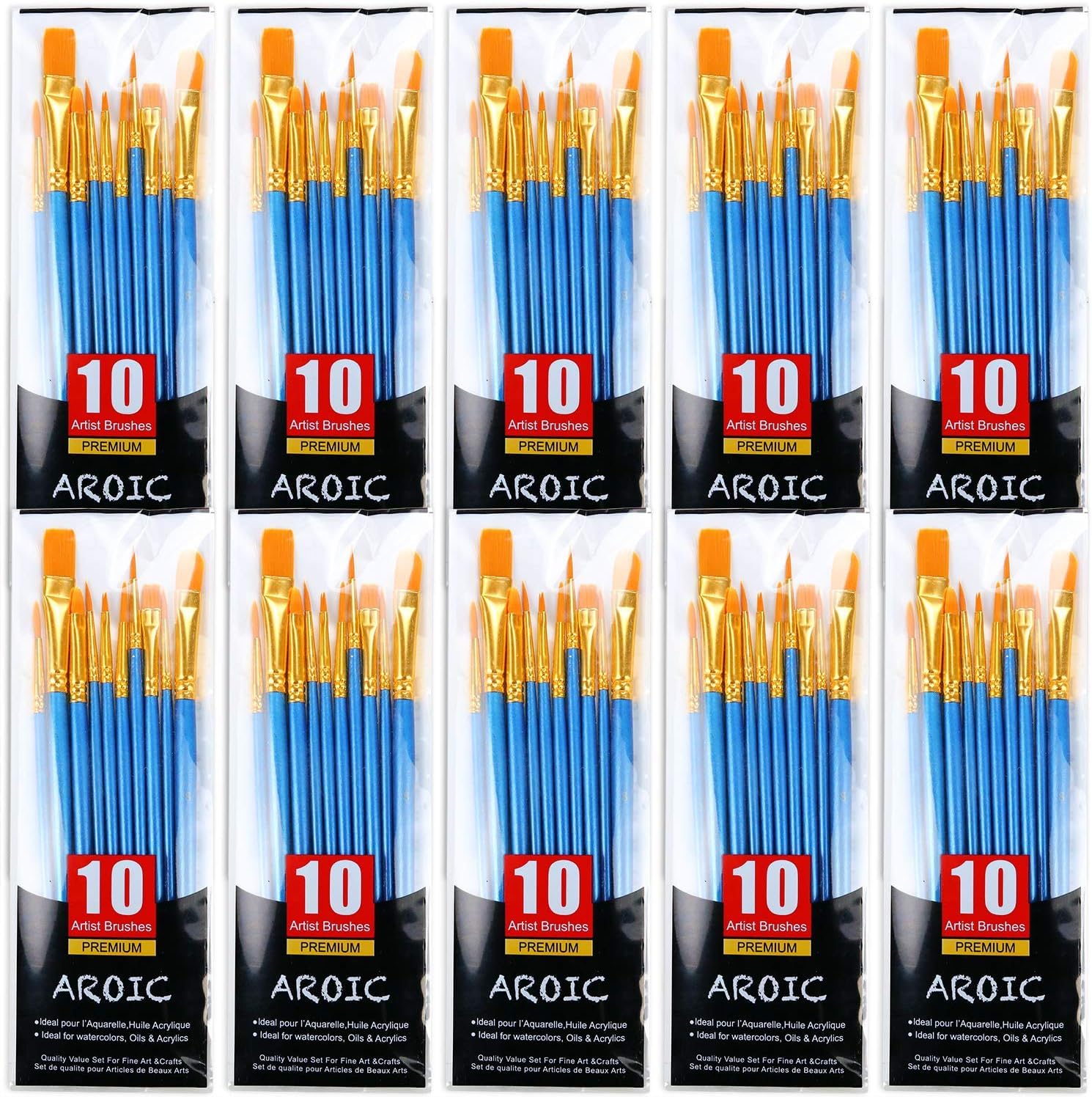 AROIC Paint Brush Set, 10 Pack 100 Pcs Acrylic Paint Brushes Artist Paint Brushes for Oil Watercolor Acrylic Face Rock Painting（Blue）