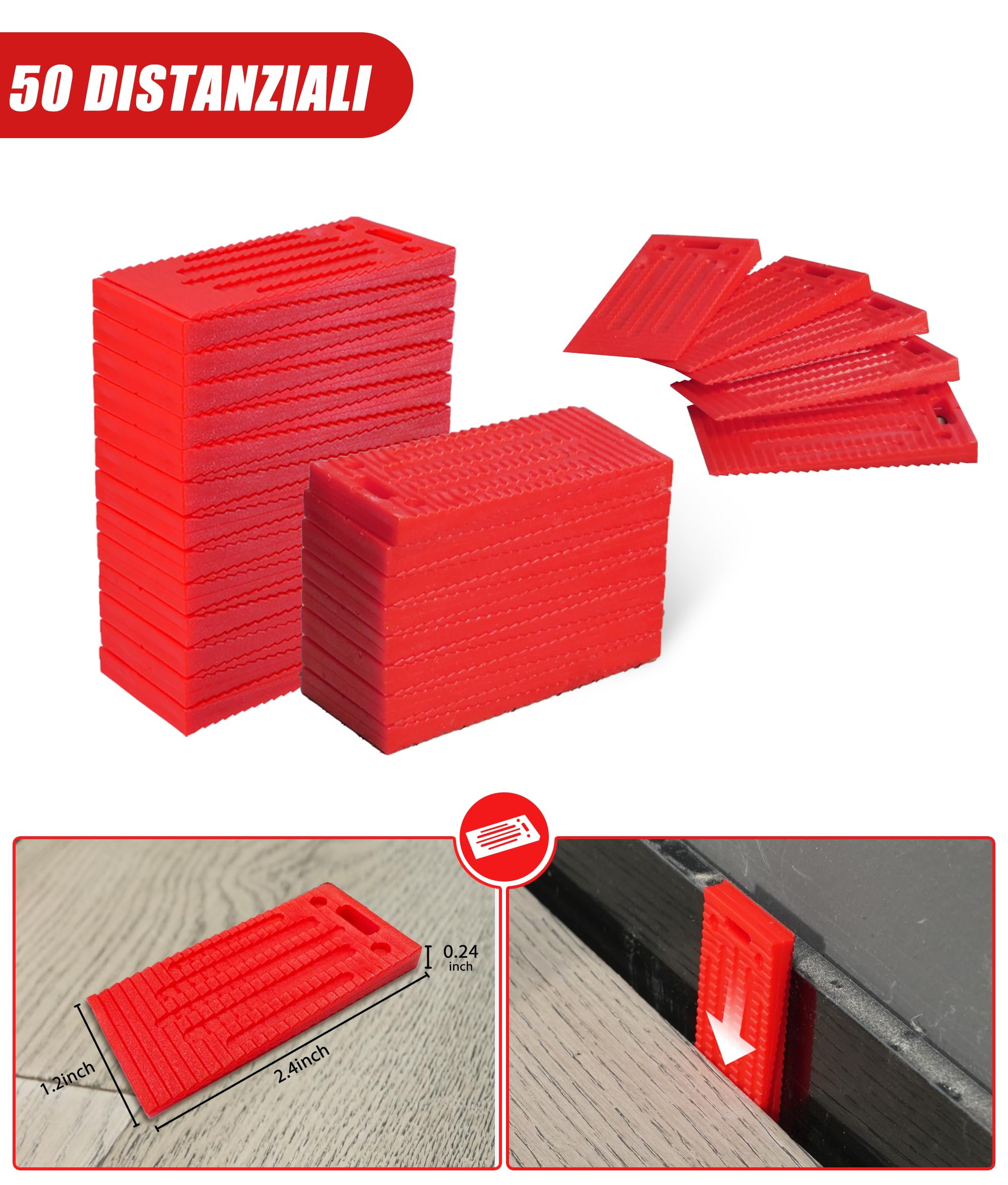 EZARC Kit di strumenti per pavimenti in laminato rinforzato, con martello a doppia faccia, barra di trazione pesante, blocco di battitura, ginocchiere, cuneo e 50 distanziatori per pavimento.