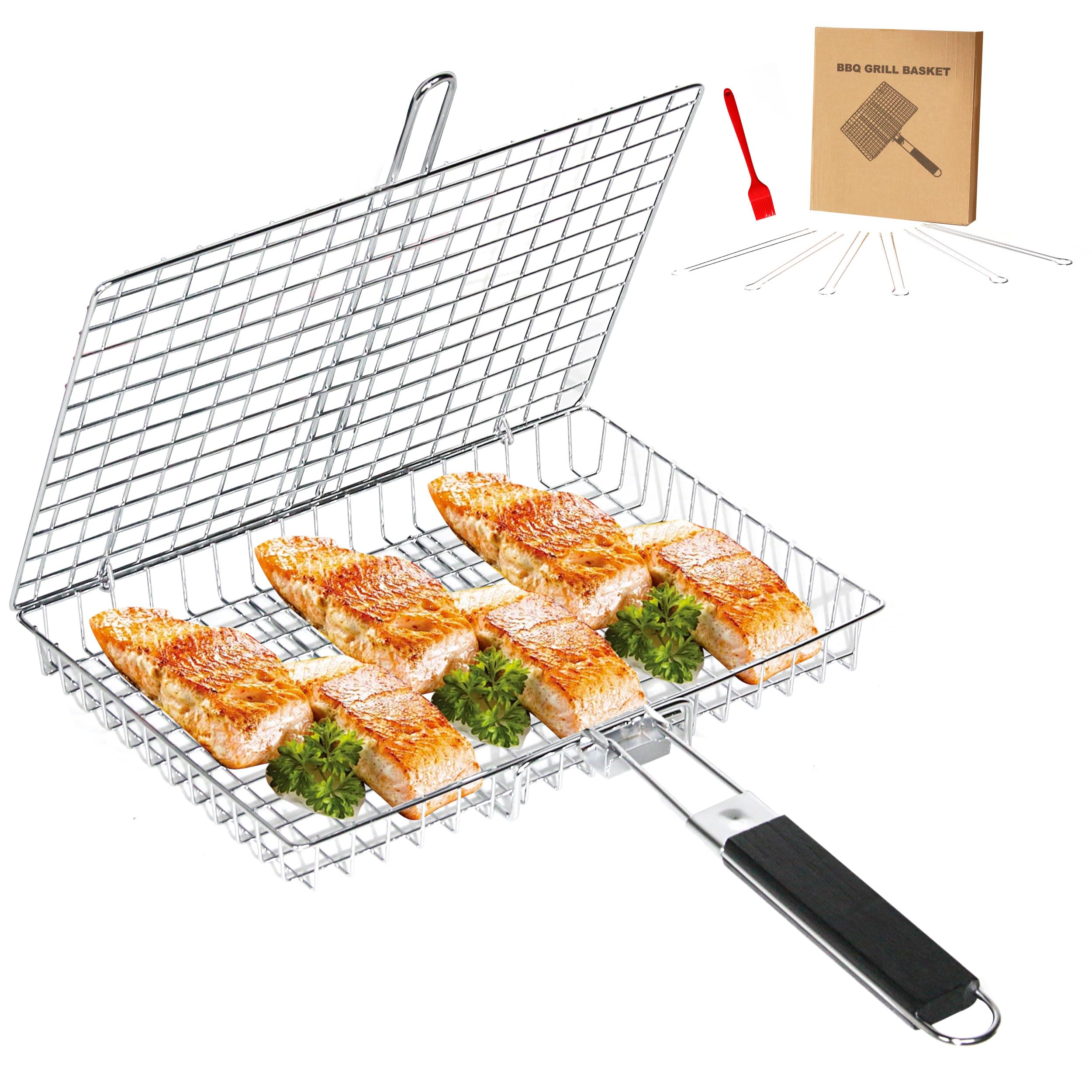 HULKNPEW Grill Basket,BBQ Grilling Basket,Large Folding Grilling Baskets with Handle,Portable Barbecue Rack for Meat,Fish,Shrimp,Vegetables,BBQ Foods,Include 1 Aluminum Foil, 1 Box