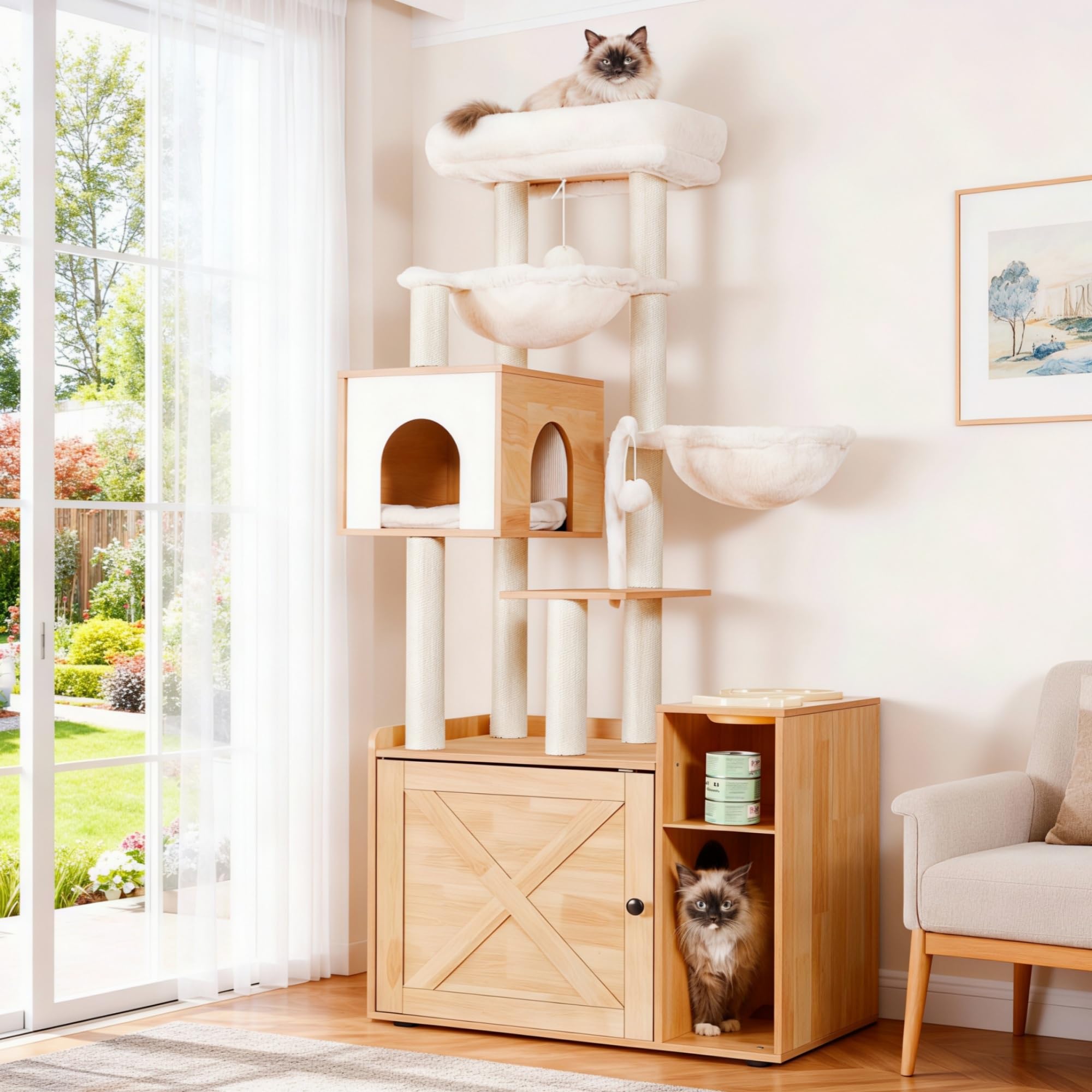 Hey-Brother Arbre pour Chats avec Bac à Aable pour Chats, Arbre à Chat de Style Moderne, Equipé d'une Grande Plateforme, d'un Plateau d'alimentation et de Deux Hamacs, Noyer EMPJ115WB