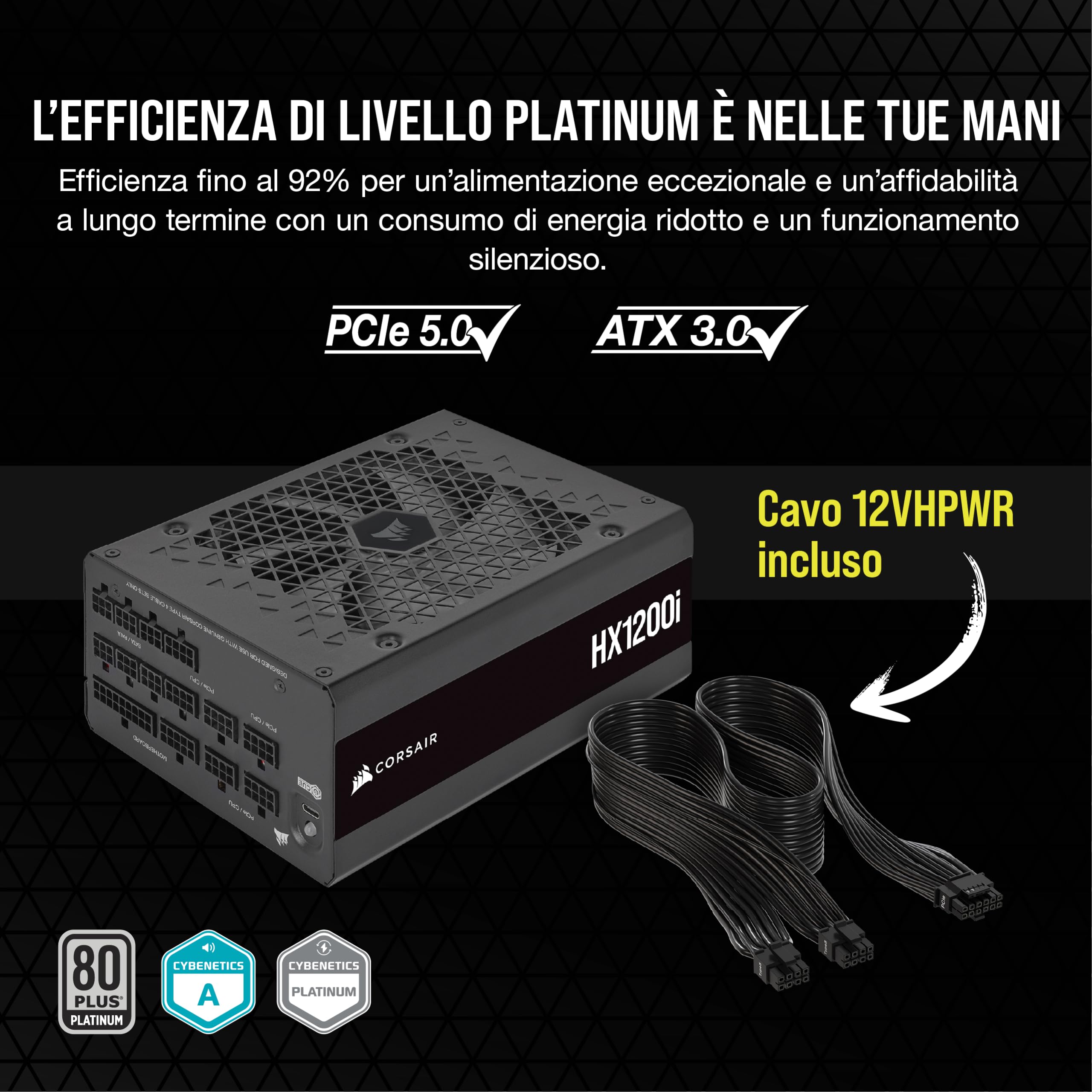 CORSAIR HX1200i Interamente Modulare Ultra-Silenzioso Alimentatore - Compatibilità con Standard ATX 3.0 e PCIe 5.0 - Ventola con Cuscinetto Fluidodinamico - CORSAIR iCUE - 80 PLUS Platinum - Nero
