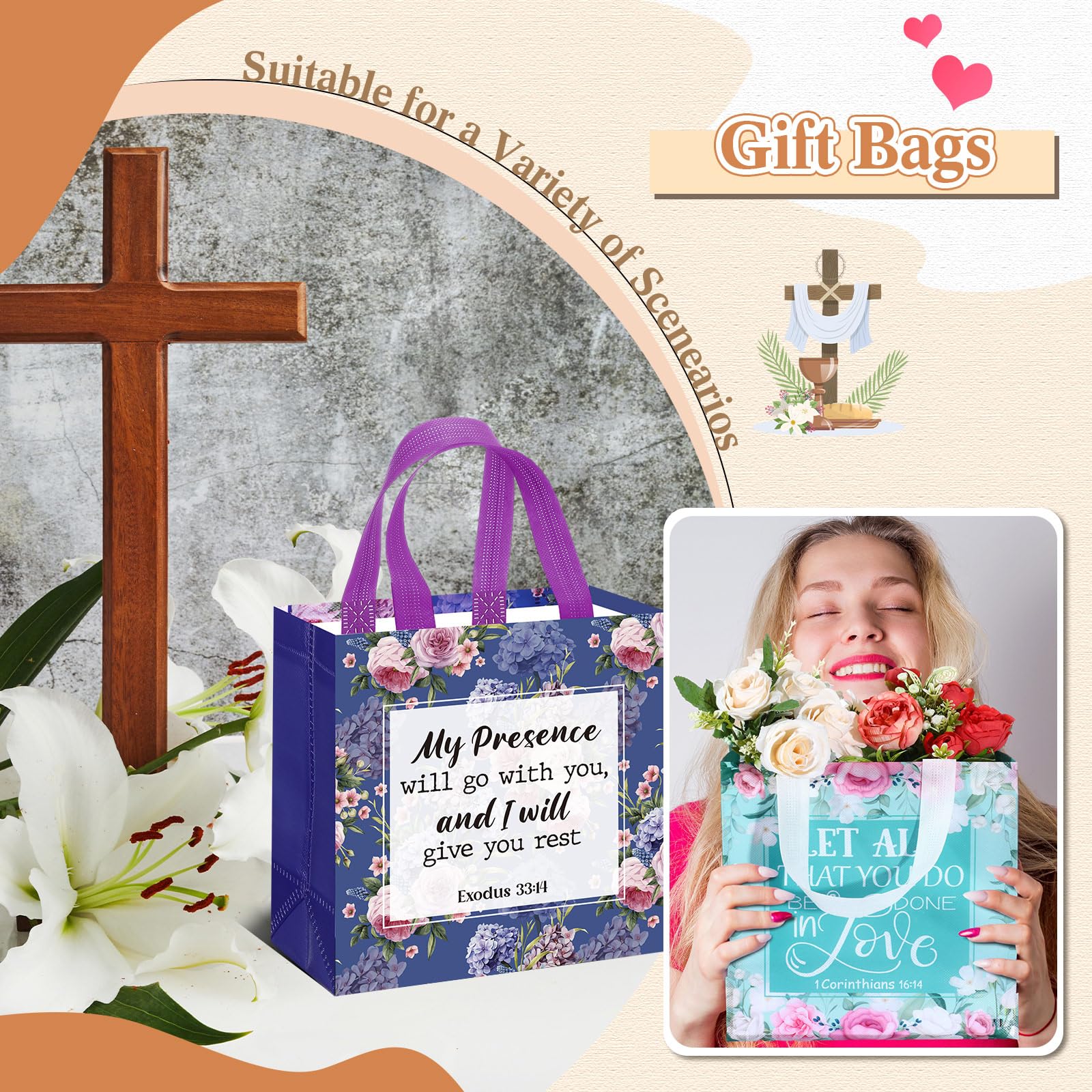 Riakrum 32 Pcs Religious Gift Bags Bulk for Women, Non Woven Christian Gift Bag with Handle, Reusable Flower Religious Baptism Bible Verse Tote for Eid Easter Catholic Theme Party Favors