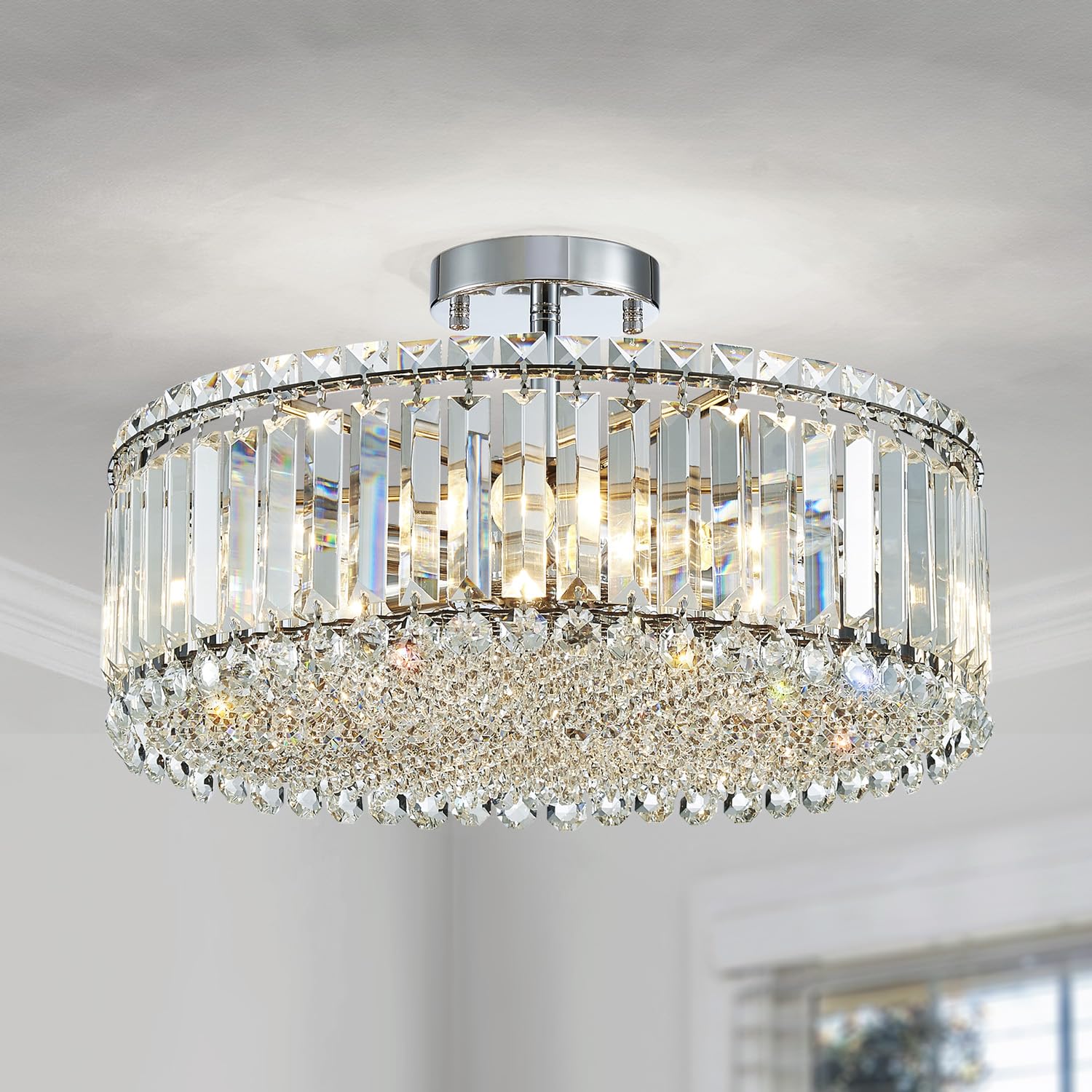 Modern Crystal Chandelier Chrome Round Semi Flush Mount Ceiling