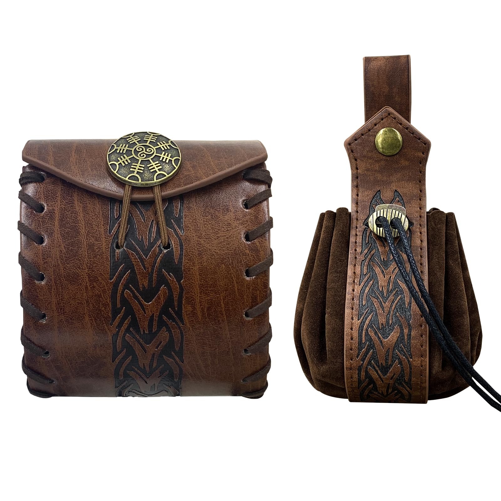 EpicCos 2 PCs Medieval Faux Leather Belt Bag, Renaissance Drawstring Pouch Dice Bag, Vintage Side Pack Coin Purse for LARP (Brown A)