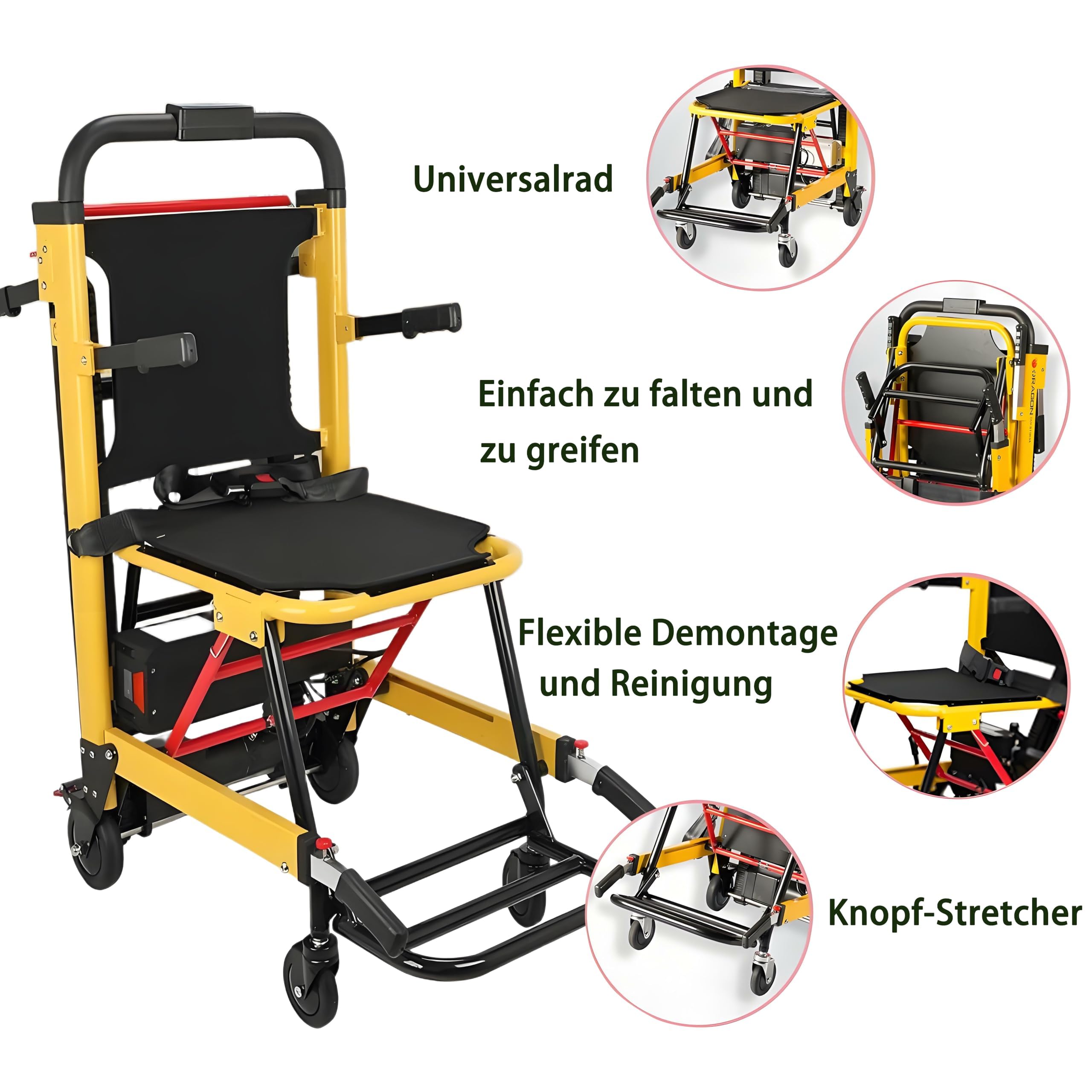 Sedia a rotelle elettrica per anziani, corrimano, sollevatore per scale portatile aiuto trasporto pazienti disabili con motori forti, giallo