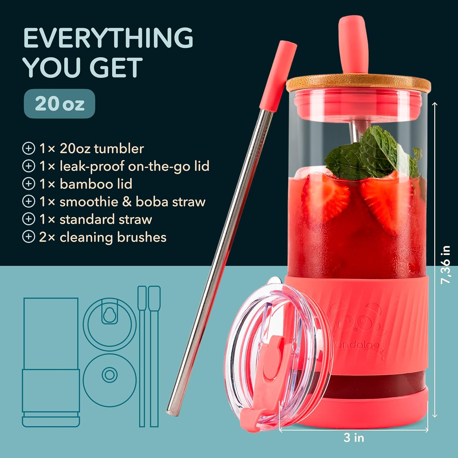 Pandaloo® Glass Cups With Lids and Straws -20 Fl Oz- Perfect Size Iced Coffee Cup - Smoothie Cup With Bamboo Lid and On the go Lid - Glass Tumbler With Straw (1 Count (Pack of 1), Coral) - Image 2