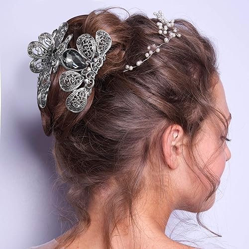 Miniatura 7 de Chuangdi 4 pinzas para el cabello con diamantes de imitación de cristal vintage, pinza de metal con diamantes de imitación brillantes con purpurina,