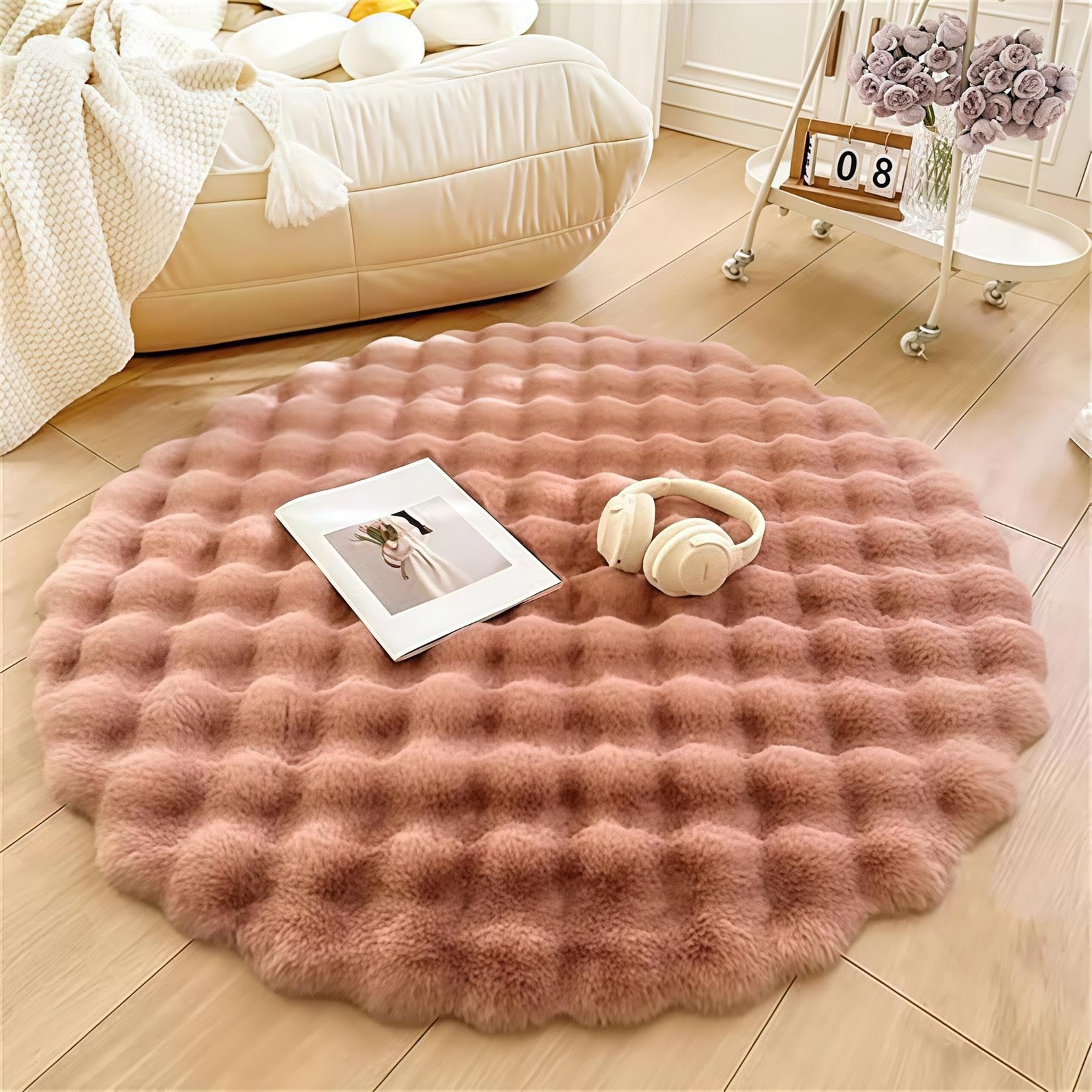 SAYEYBU Round Rabbit Plush Rug for Bedroom Living Room Sofa, Faux Fur Fluffy Shaggy Circle Rug for Kids Teen Girls Room,Furry Carpet Circular Rug for Nursery Baby Room,Pink,130cm