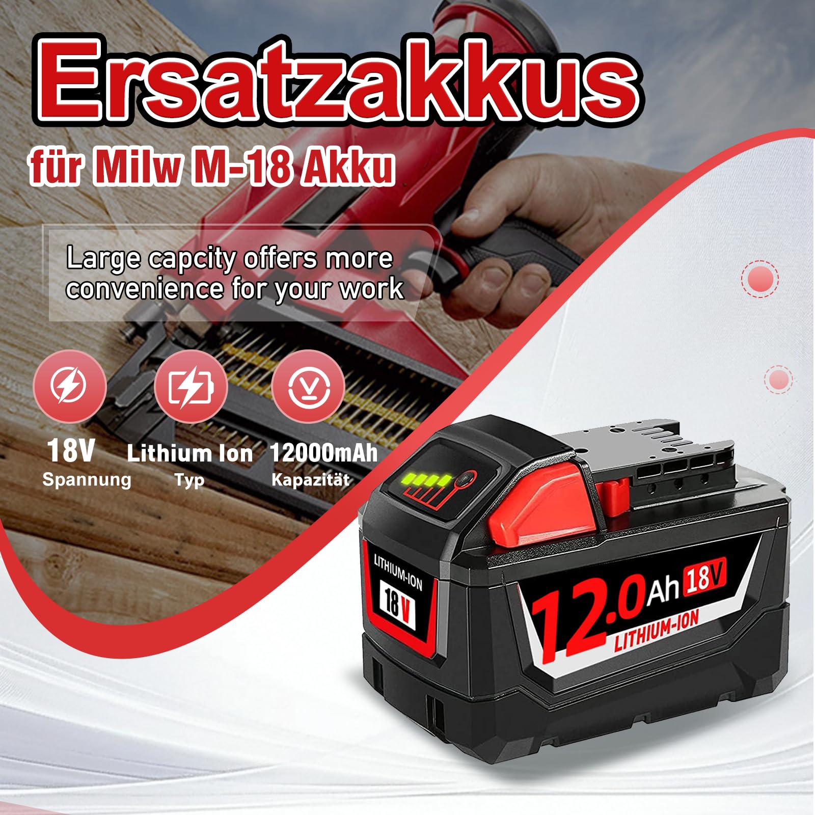 2 X 12.0Ah Ersatz für Milwaukee Akku M18, Kompatibel mit Milwaukee Akku 18V 48-11-1852 48-11-1850 48-11-1840 48-11-1830 48-11-1820 und Akku-Elektrowerkzeuge mit Led-Anzeige