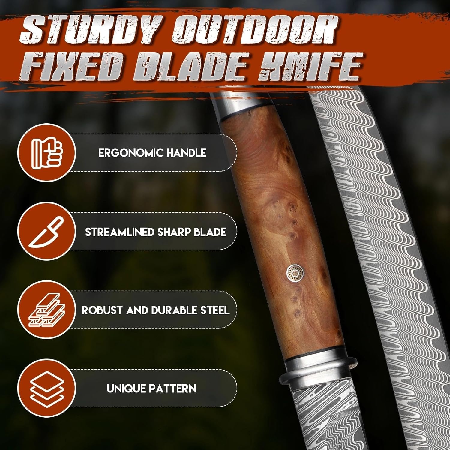 Dragon Creek Fixed Blade Tanto Knife - Wooden Handle Outdoor Survival Knife with Leather Sheath for Camping Hiking Gift Men