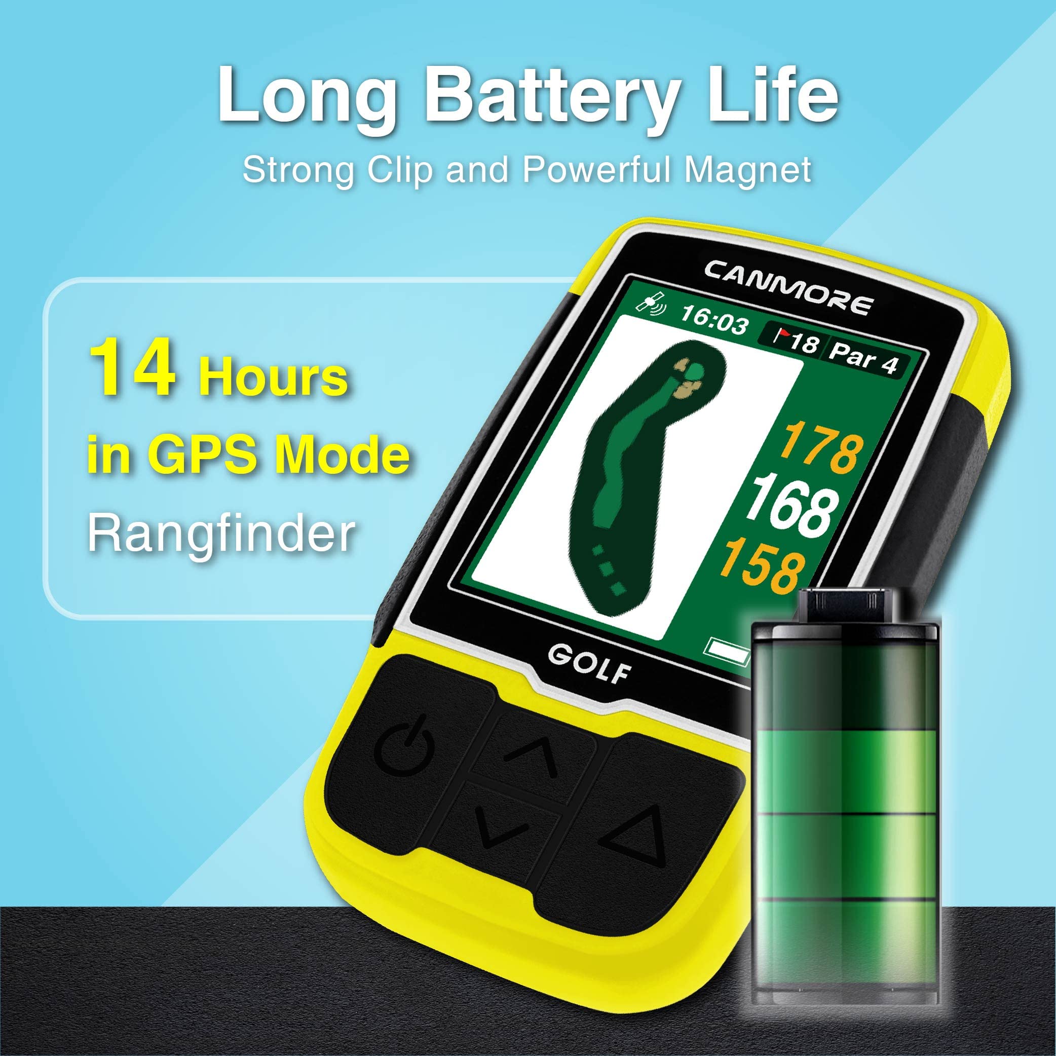 GPS da golf CANMORE HG200 Plus e custodia - Colori facili da leggere - Mappa precaricata di 41.000 campi da golf in tutto il mondo, forme di green e fairway - Resistente all'acqua