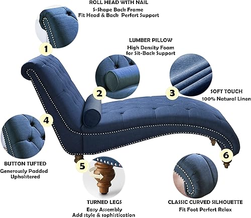 Miniatura 3 de Rosevera Chiltern - Silla tapizada de poliéster con botones y almohada de lanzamiento tumbona para dormitorio interior estándar azul marino real