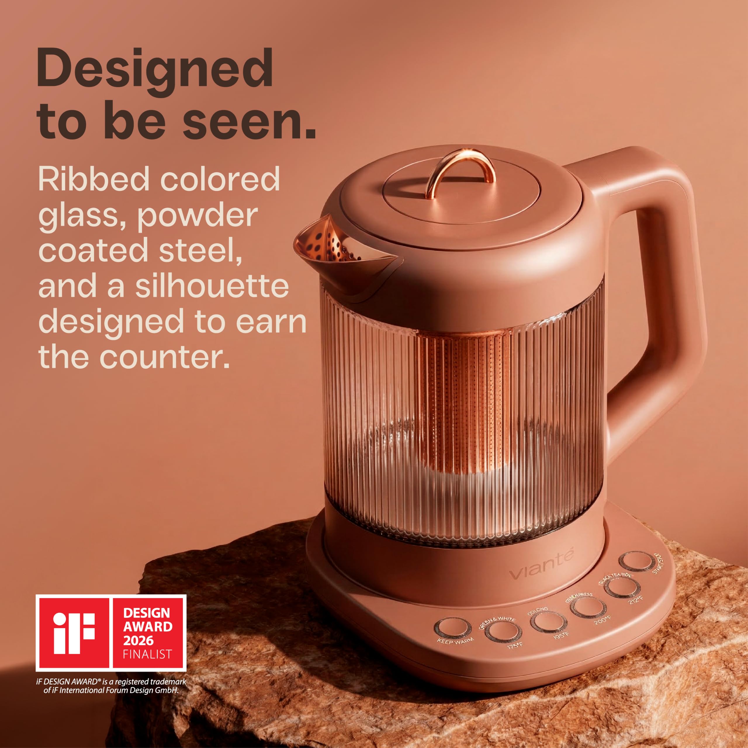 Viante Nina Electric Tea Kettle with Infuser, No Plastic In Contact With Water, 1.5L Borosilicate Glass, 304 Stainless Steel, 4 Temp Presets, Keep Warm, Cordless, Auto Shut-Off, Terracotta