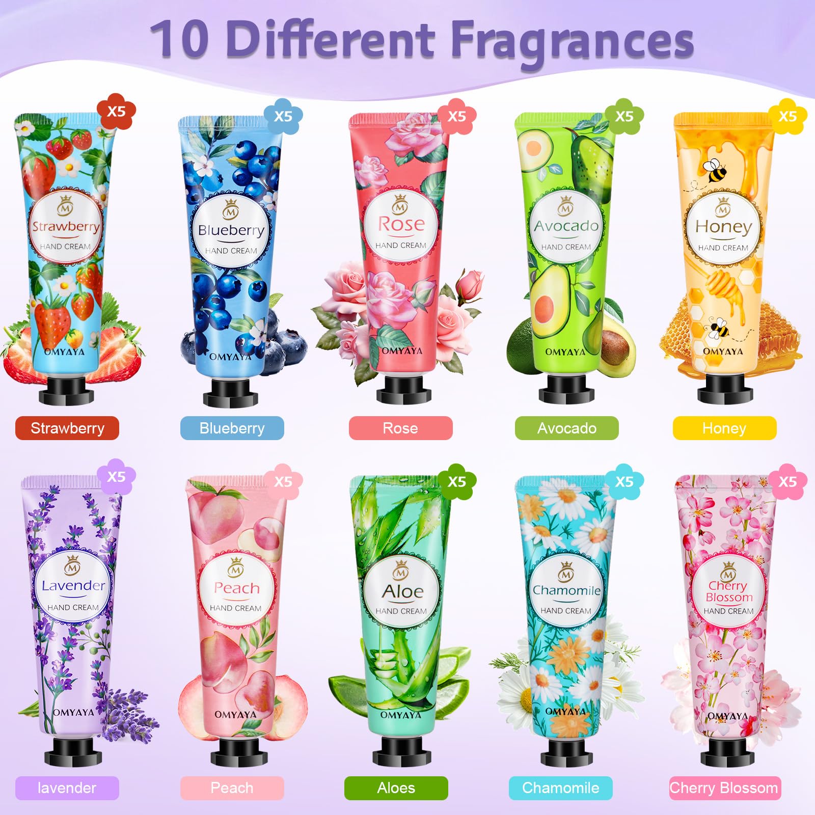 Mini crema per le mani, piccoli regali per donne, 50 set di creme per le mani con 10 fragranze, crema idratante per le mani asciutte, set regalo per donna colleghi compleanni Natale San Valentino