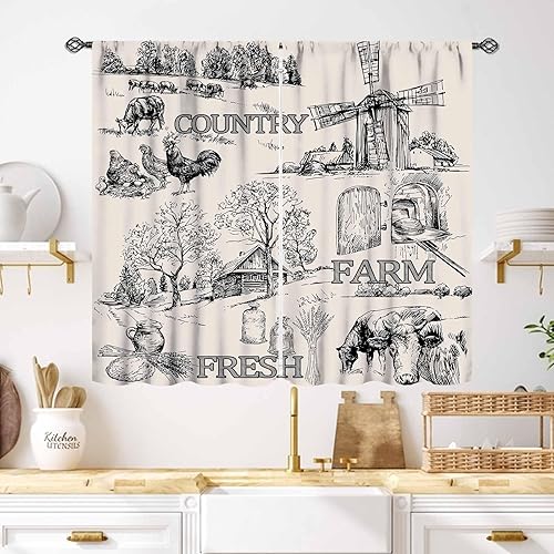 Miniatura 29 de Cortinas de cocina de granja, animales de granja rústica, gallo, pollo, leche, vaca, cerdo, molino de viento, granero rojo, retro, casa rural,
