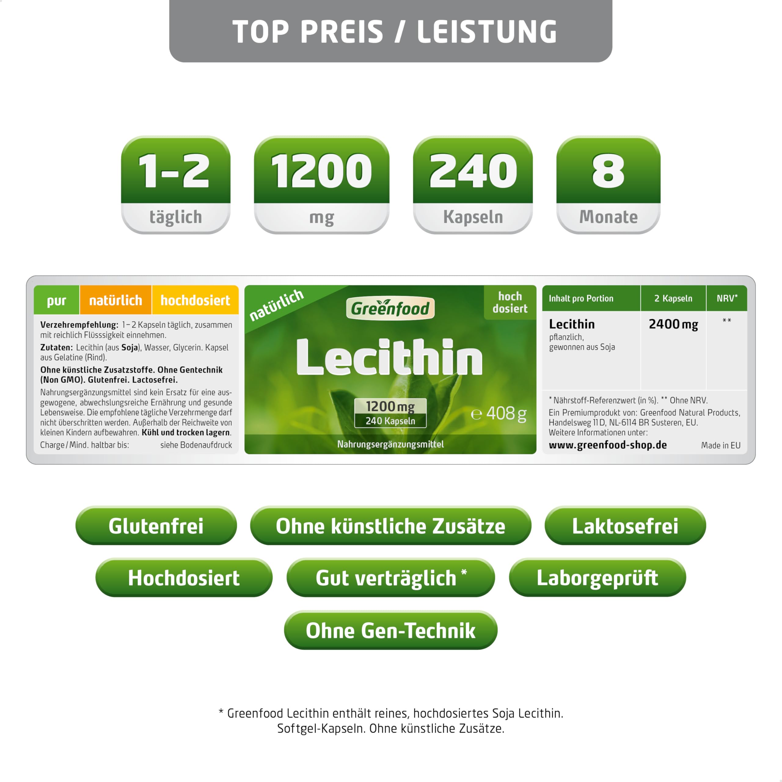 Lecithin, 1200 mg, 240 Kapseln, hochdosiert - OHNE künstliche Zusätze. Ohne Gentechnik. Softgel-Kapseln.
