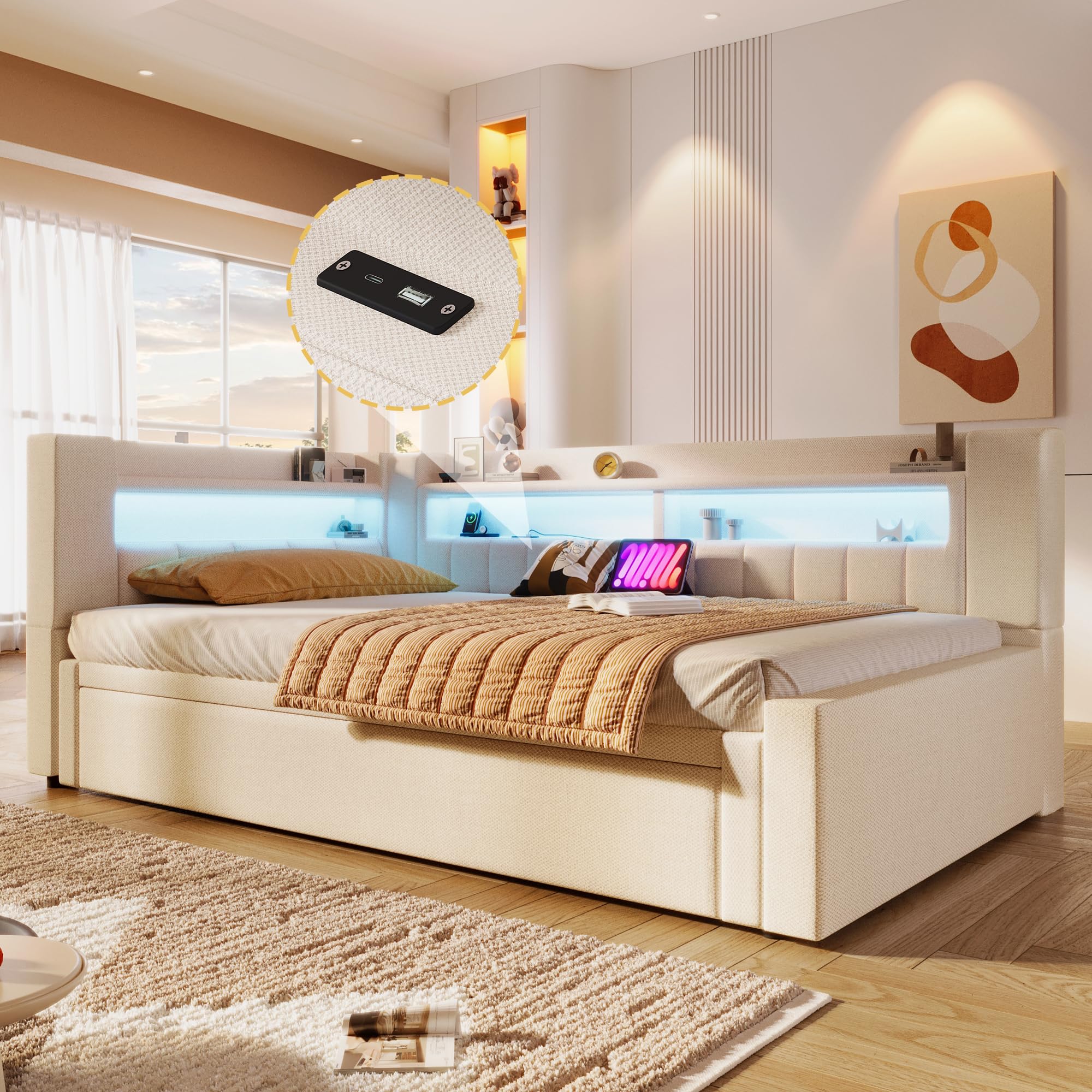Polsterbett 90/180 x 200 mit LED und USB, Ausziehbares Schlafsofa, Daybett mit Ausziehbett, Sofabett Tagesbett Jugendbett Bettgestell, Leinen, Ohne Matratze, Beige