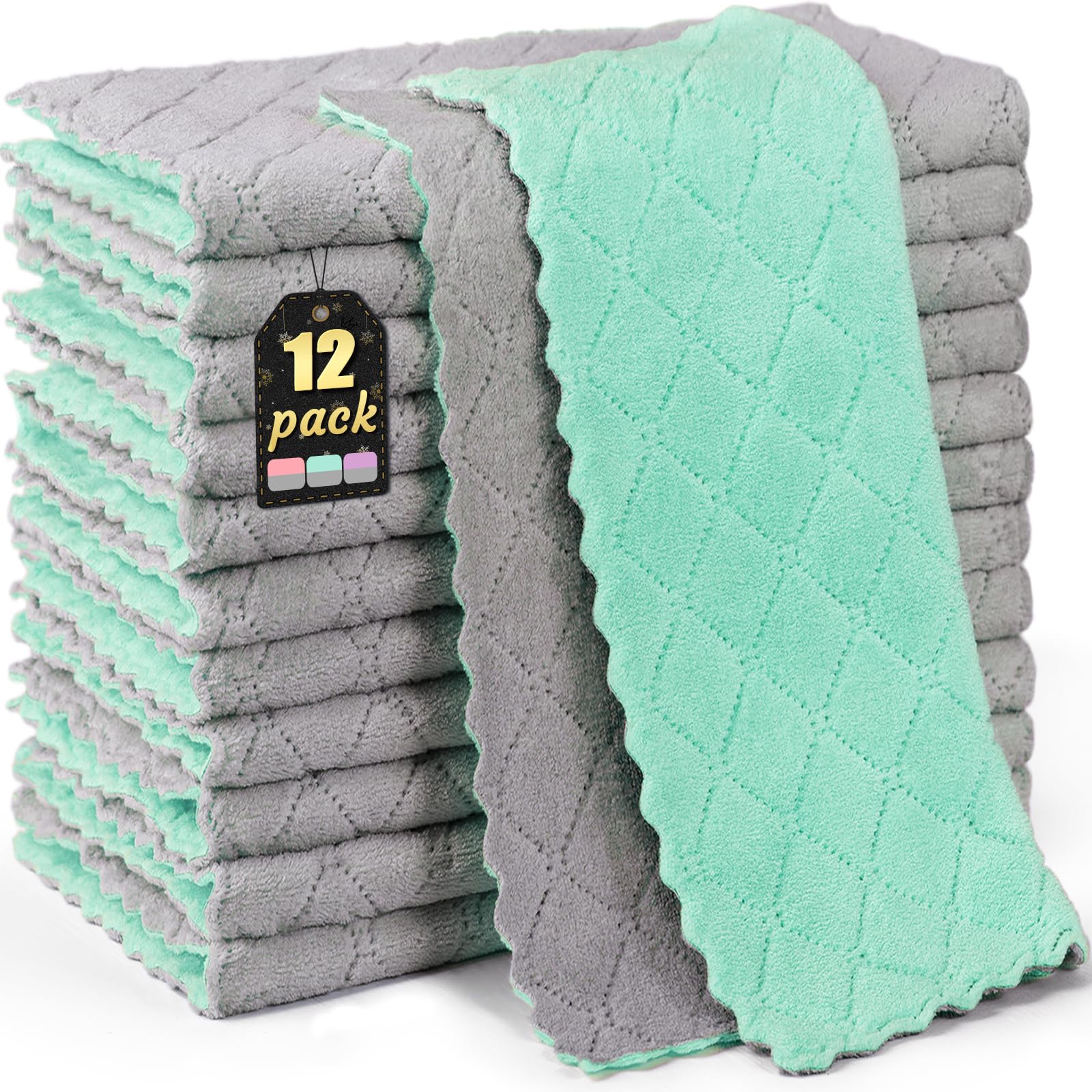 Buedm Gray,Green 12 Pack Kitchen Cloth Dish Towels, 12X12 Inch Soft Premium Dishcloths, Absorbent Microfiber Cleaning Cloth For Cleaning Dishes, Kitchen, Bathroom, Car
