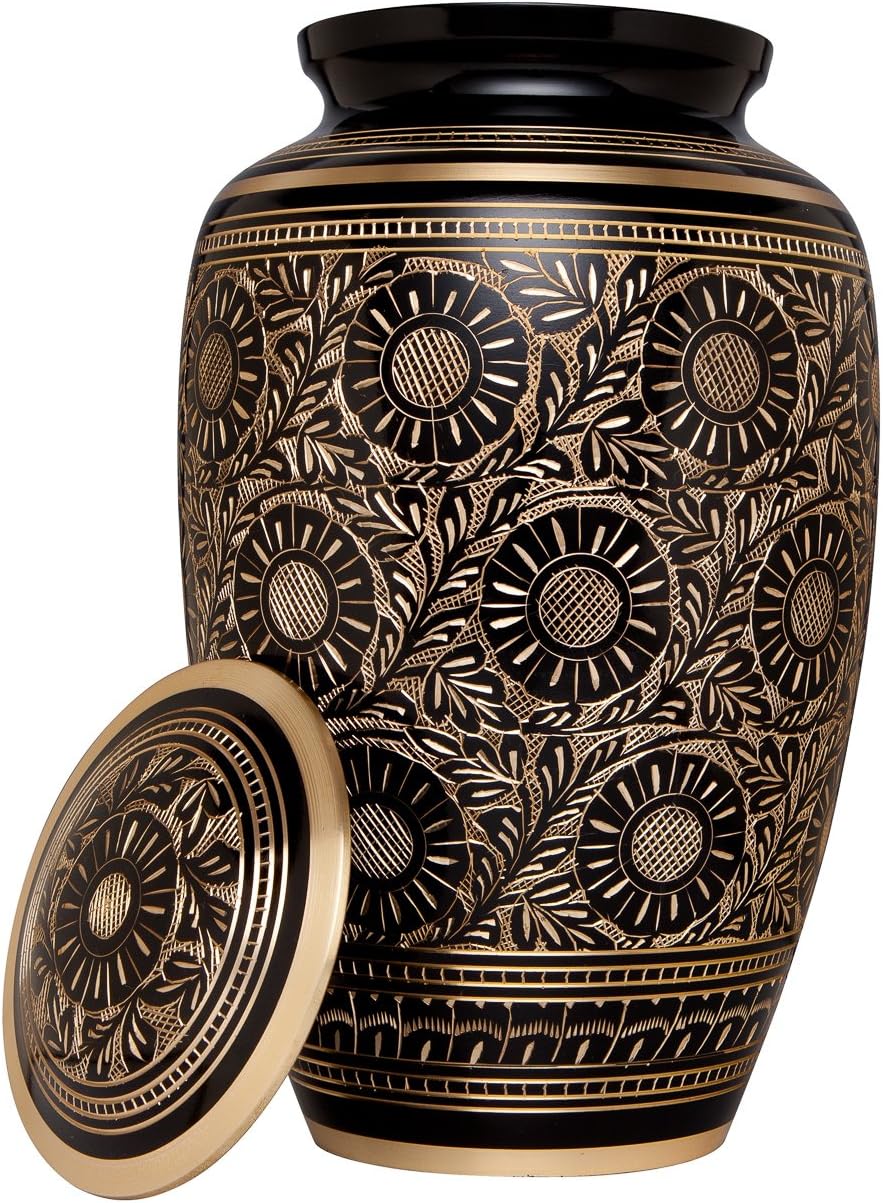 Black Gold Funeral Urn Cremation Urn for Human Ashes - Hand Made in Brass - Suitable for Cemetery Burial or Niche - Large Size fits Remains of Adults up to 200 lbs - Marguerites
