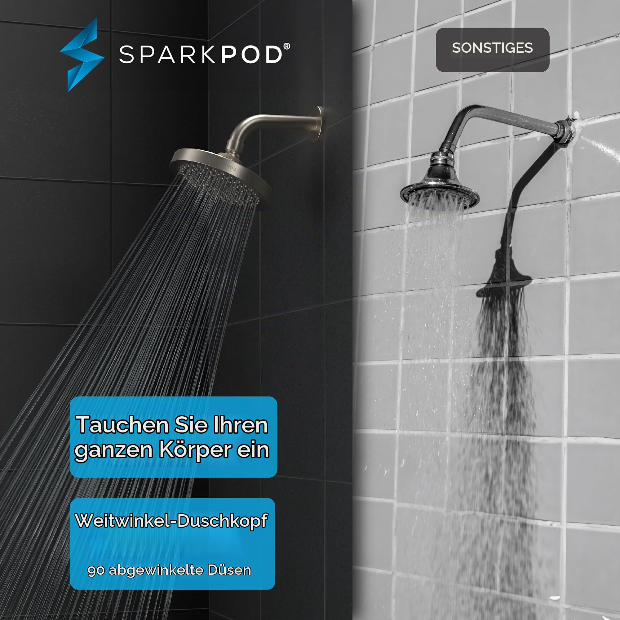 SparkPod Feststehender Duschkopf - Rund Groß Mit Hohem Druck - Einfache Werkzeugfreie Installation - Verstellbarer Ersatz - Rain Shower Head - Wasserfall - Nickel Gebürstet