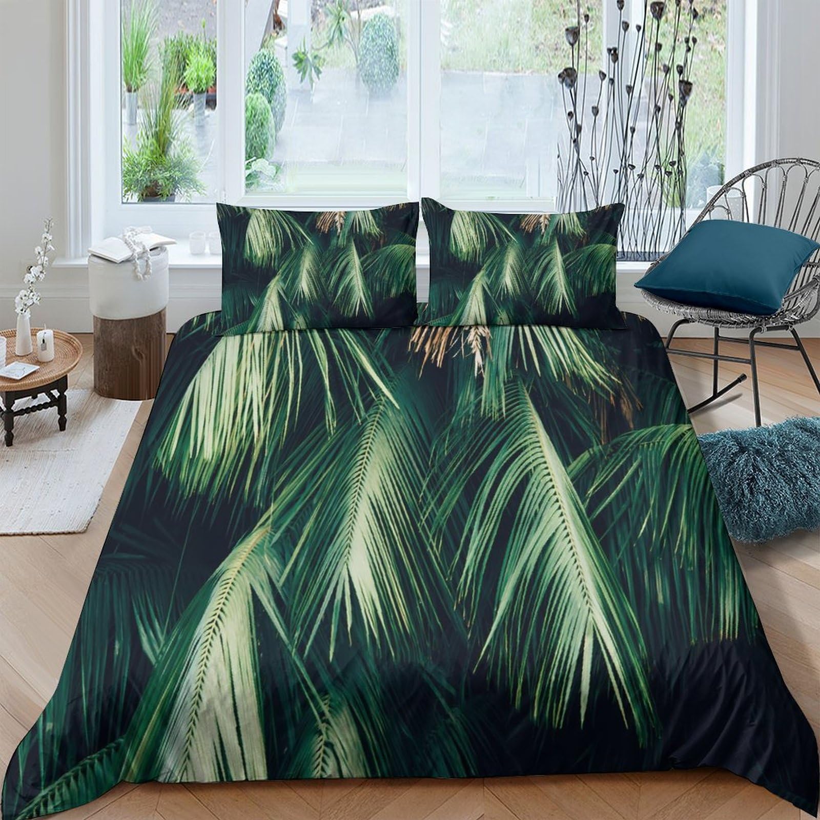 GPLZQXKJNH 3D Printed Tropical Palm Leaves Duvet Cover Microfiber All Season Bedding Set with 2 Pillowcases for Bedroom Home Single（135x200cm）