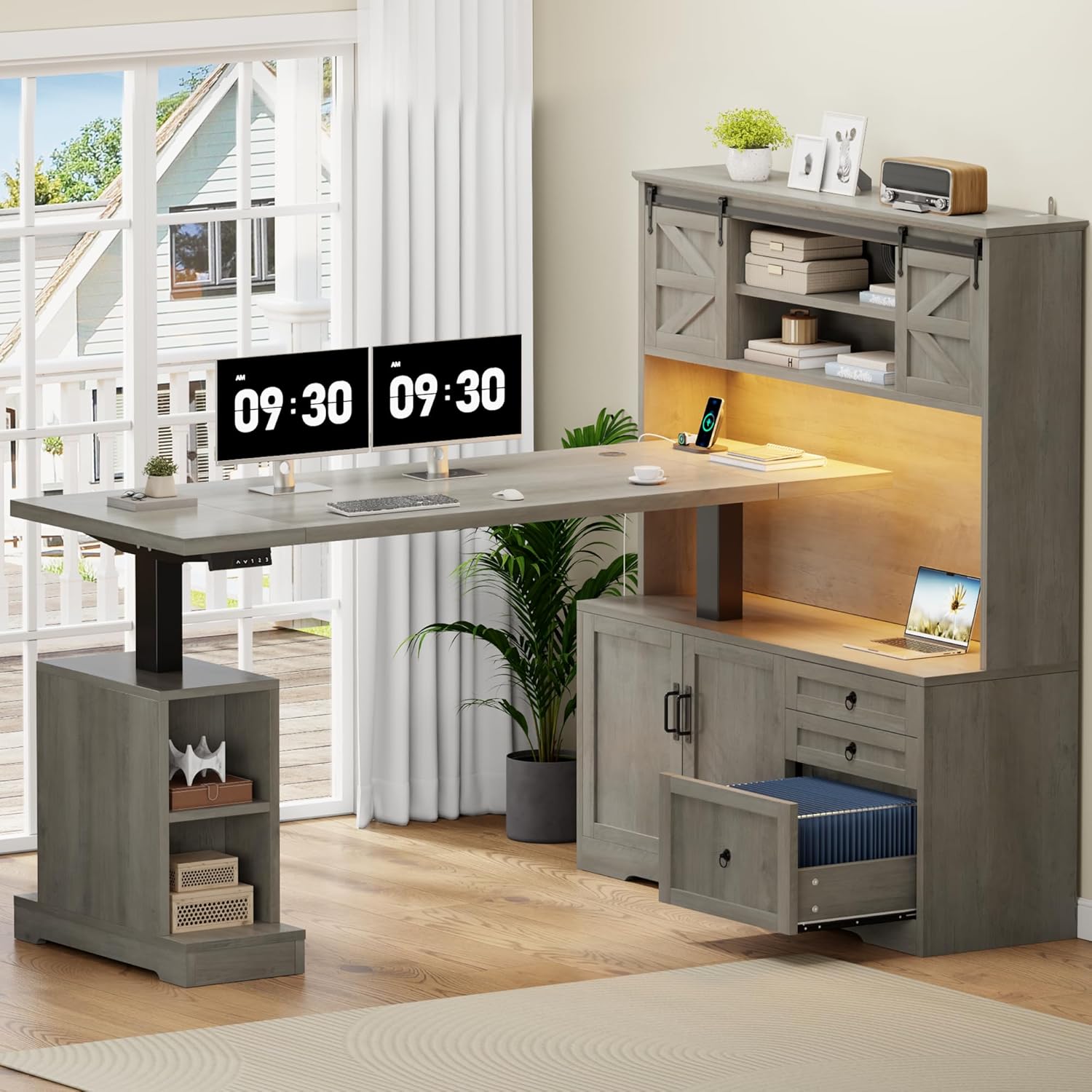 70.86" Farmhouse L Shaped Standing Desk with Hutch Electric Height Adjustable Desk with Storage Corner Computer Desk with File Drawer Power Outlets LED Gaming Desk with Sliding Door, Grey