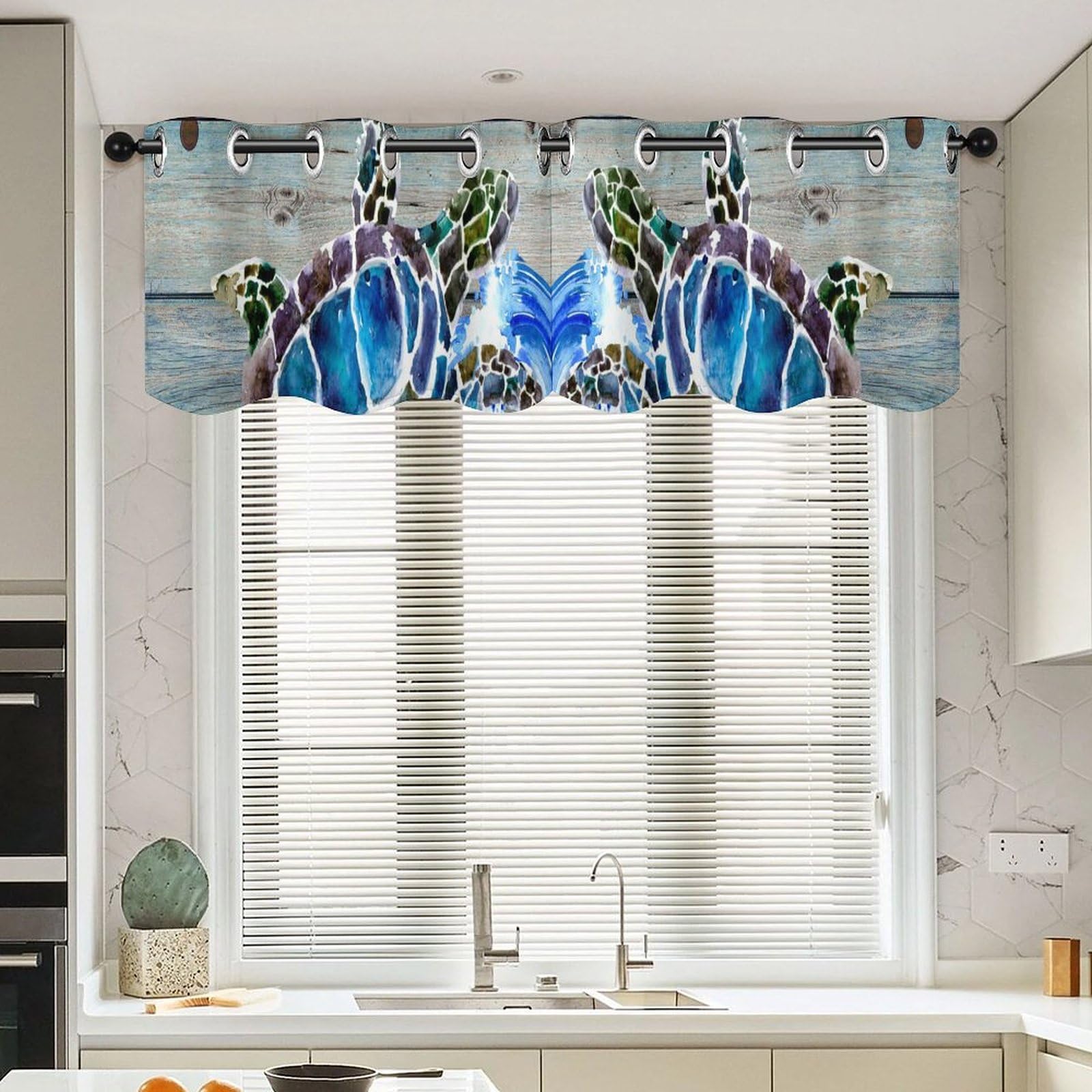 Cantonnière de cuisine tortue de mer et gouvernail ocean | 2 panneaux 132x45,7 cm