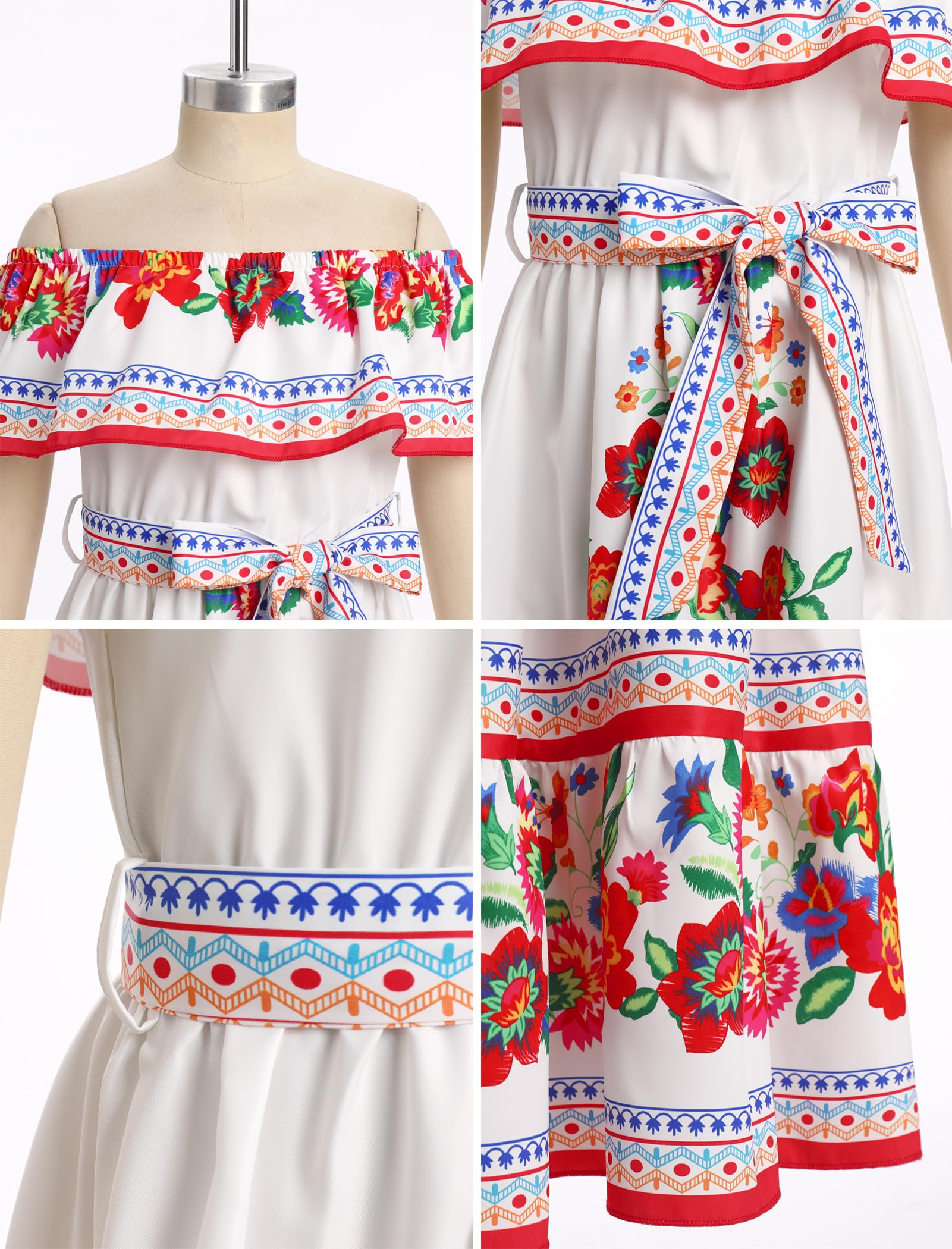 Vestido mexicano de verano para niña, bohemio, floral, vestido de drapeado, vestido tradicional cinco de mayo, fiesta, folklórico, bohemio, fiesta de cumpleaños, vestidos largos con cinturón