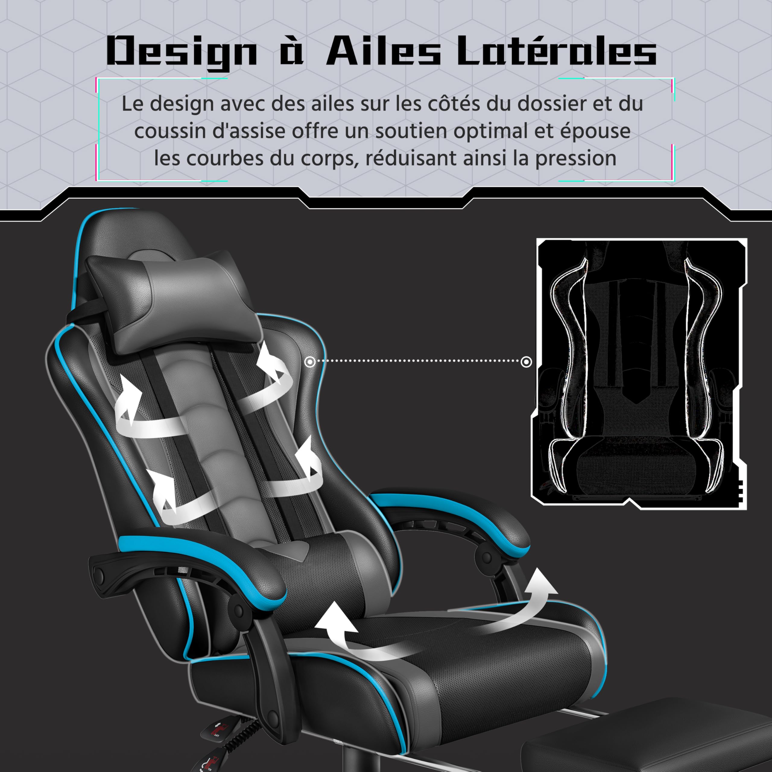 Yaheetech Chaise Gaming Massage Dossier Ailes Latérales Repose-Pieds Gris | Inclinable & Hauteur Ajustable Base 72cm Charge 150kg Têtière Incluse Coussin Lombaire Massant USB Similicuir Bureau Salle