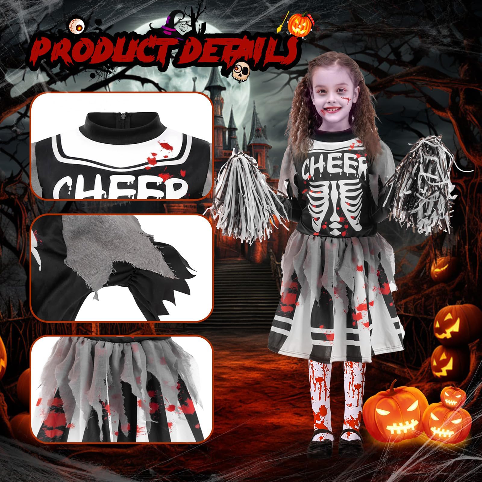 NebulaGlam Children's Cheerleader Costume Halloween, Zombie Cheerleader Costume - Image 3
