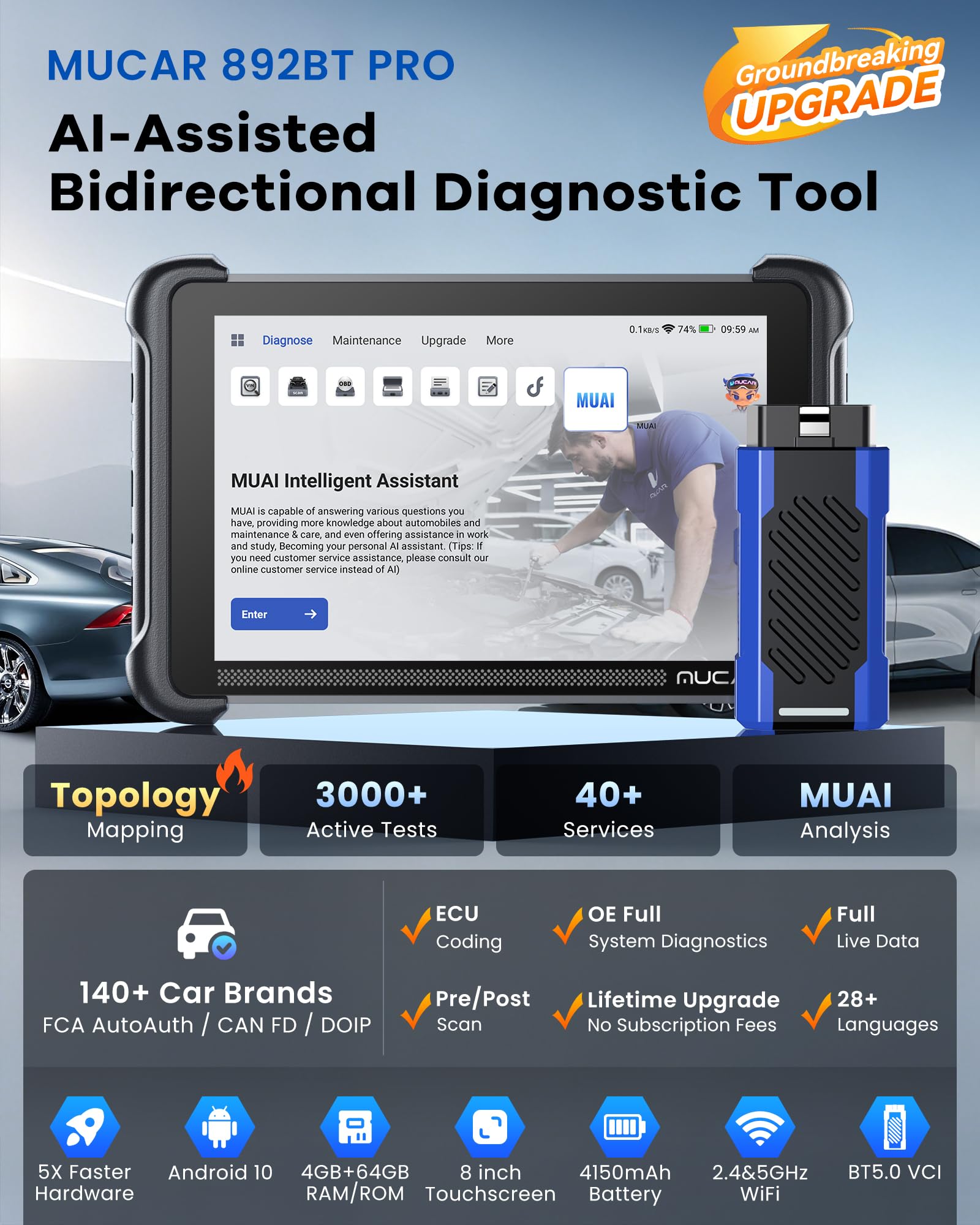 MUCAR OBD2 Scanner with Topology Mapping, 892BT PRO AI-Assisted Diagnostic Tool, Up Ver.of 892BT, 3000+ Bidirectional Test, 40+ Services, ECU Coding, FCA SGW AutoAuth, CANFD/DOIP, Lifetime Free Update