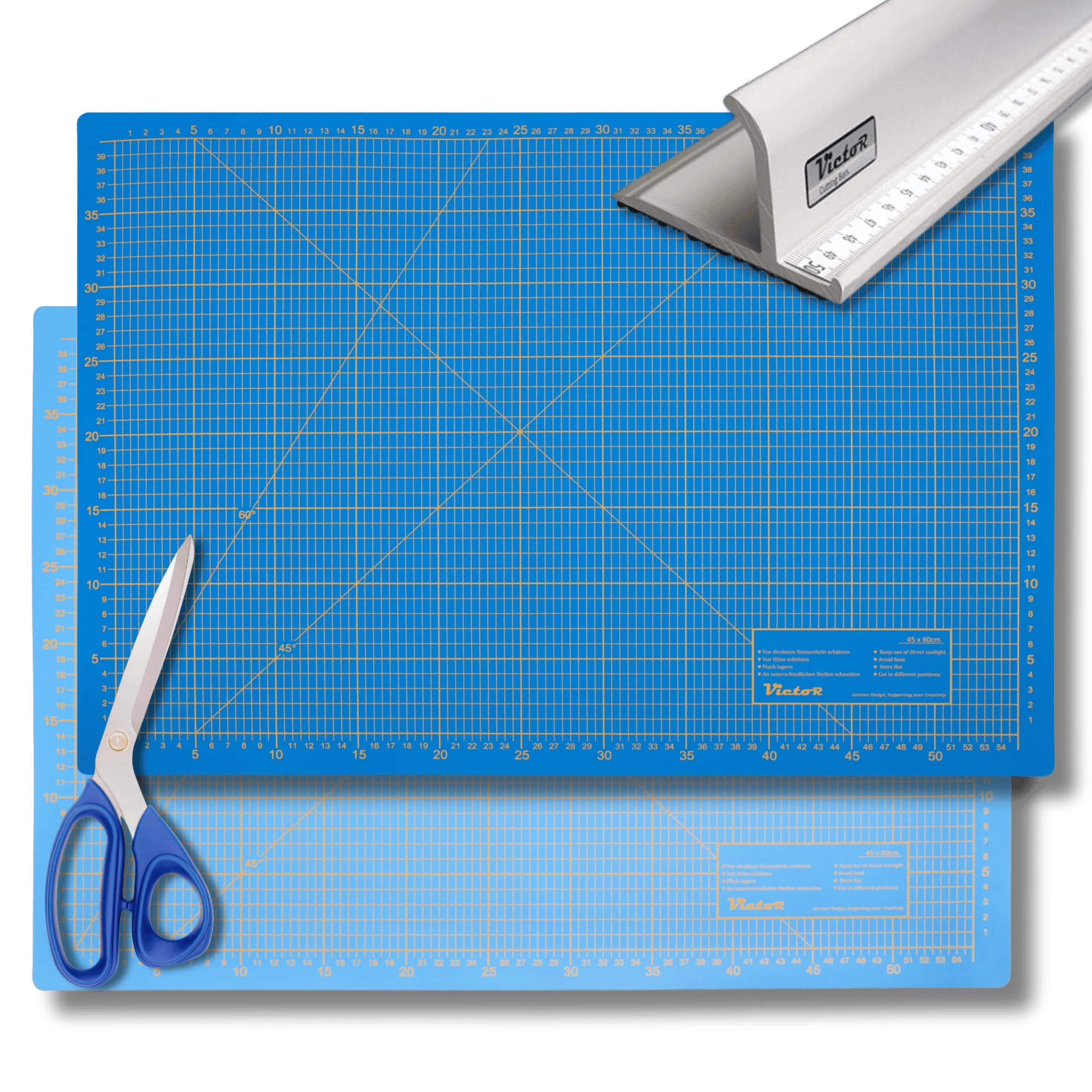 Victor set tappetino da taglio A1 blu 60 x 90 cm a 3 strati autorigenerante – supporto da taglio professionale con forbici e riga da taglio in alluminio da 52 cm