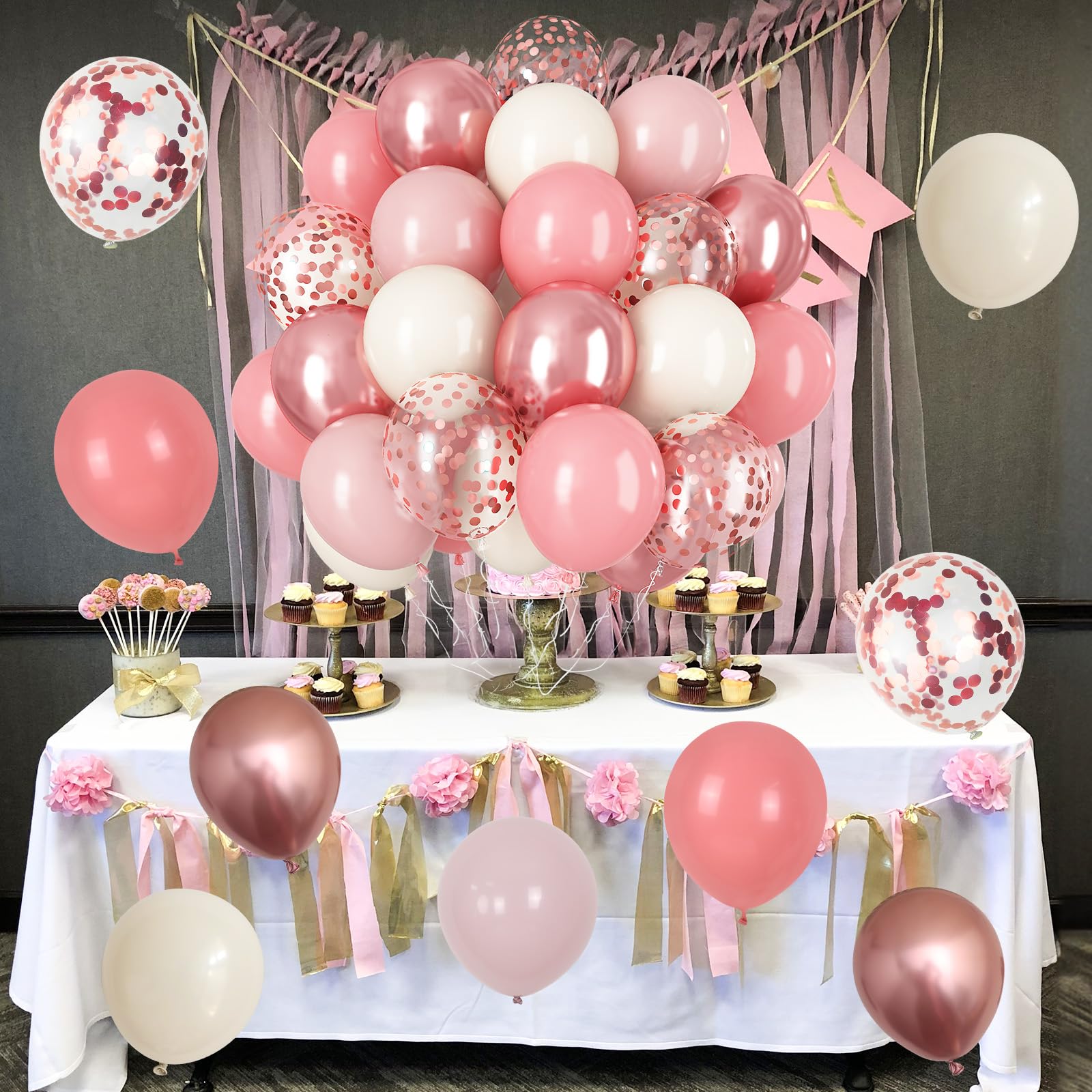 Luftballons Rosa Roségold, 60 Stück 12 Zoll Retro Pink Dusty Rosa Altrosa Weiß Sand Ballon mit Metallic Roségold Konfetti Latex Boho Ballon für Mädchen Geburtstag Party Bridal Babyparty Hochzeits Deko