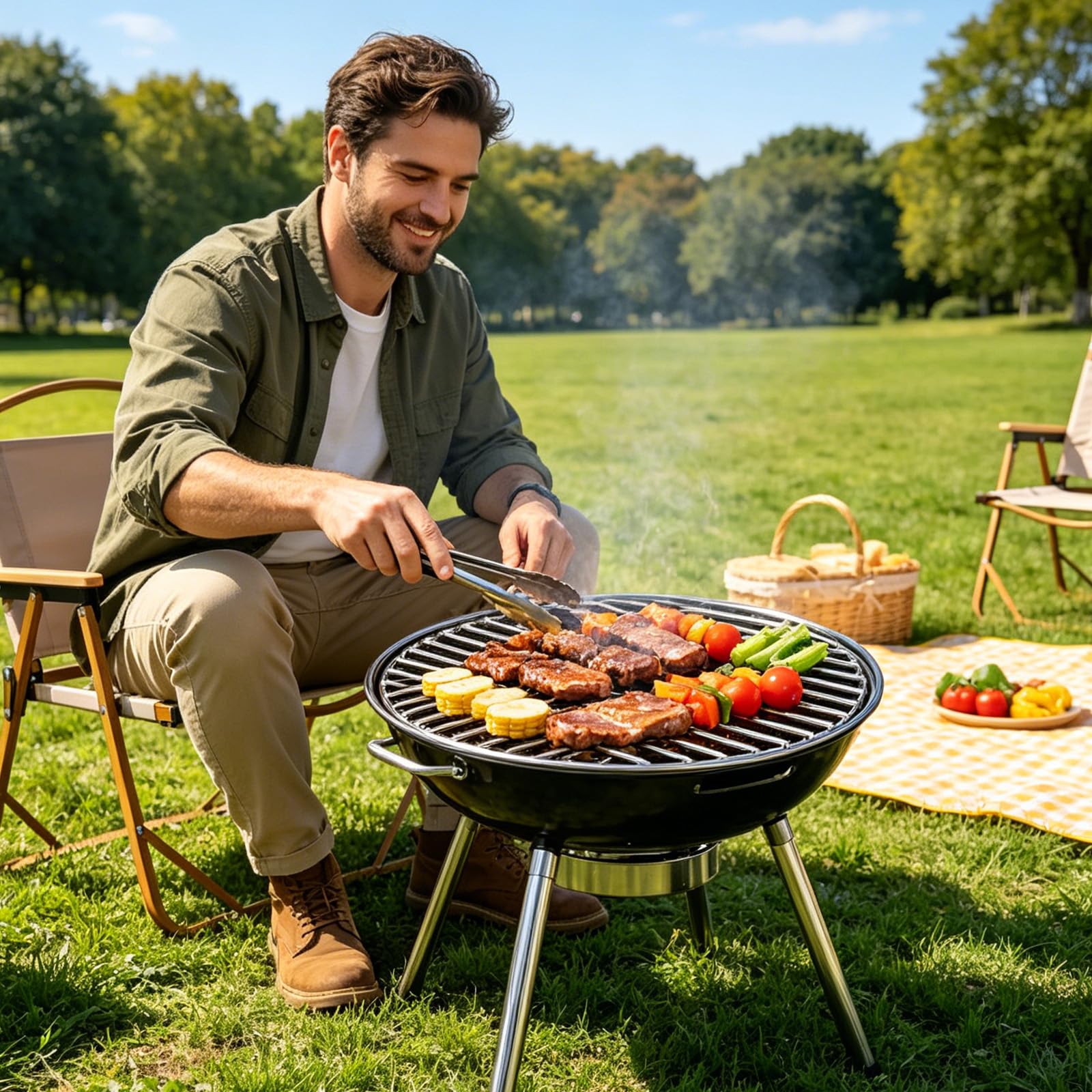 304 Inless - Juego de parrilla de acero con pinzas de 28 a 60 cm de diámetro redondo con parrillas de caldera y hervidor, accesorios portátiles para barbacoa, fácil de limpiar, distribución uniforme