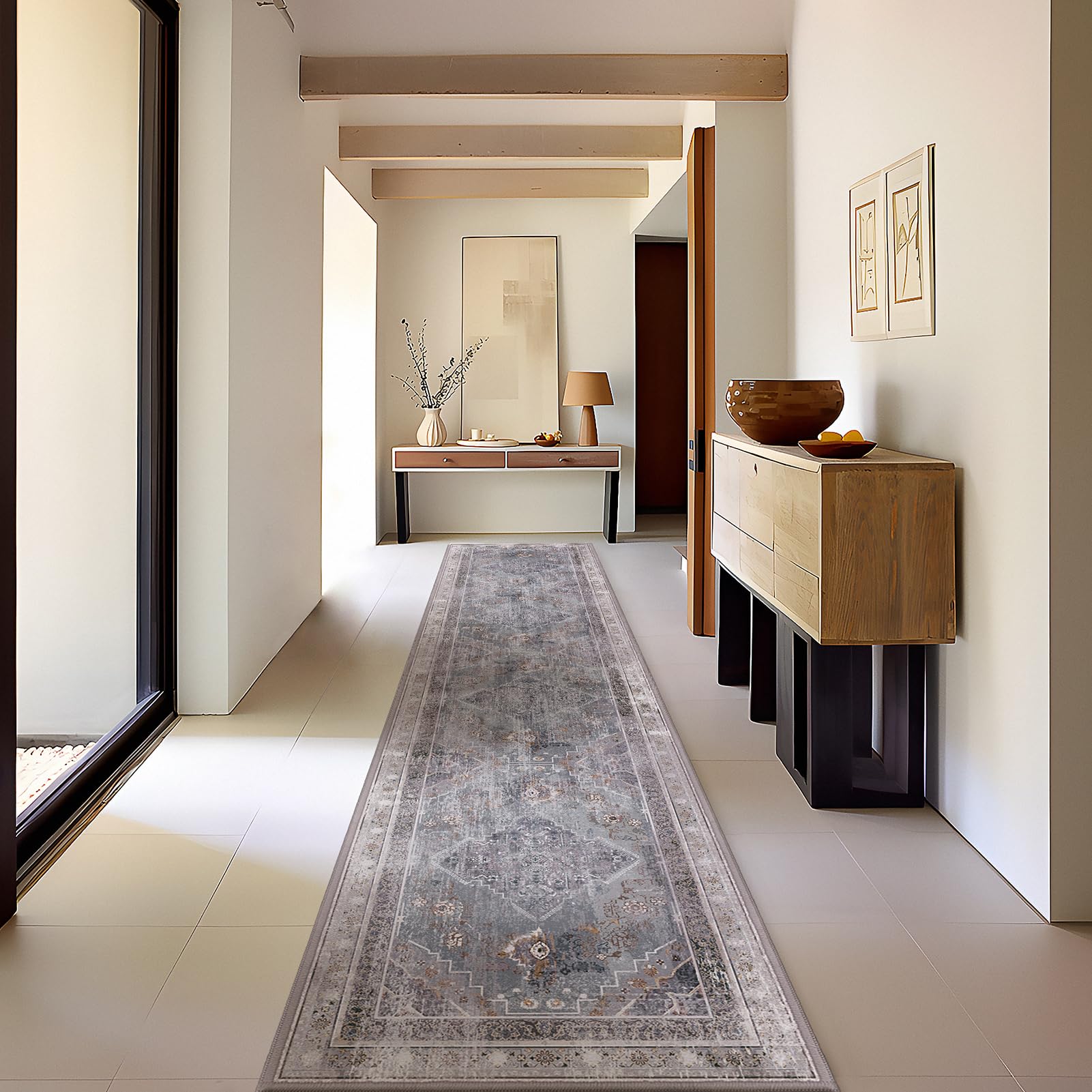 Phantoscope Hallway Runner Rug 2'x10'- Long Rug Runner Boho Washable Non-Slip Carpet for Kitchen Entryway Laundry Bedroom, Ultra-Thin Runners Vintage Distressed Accent Rug, Grey/Soft Lavender