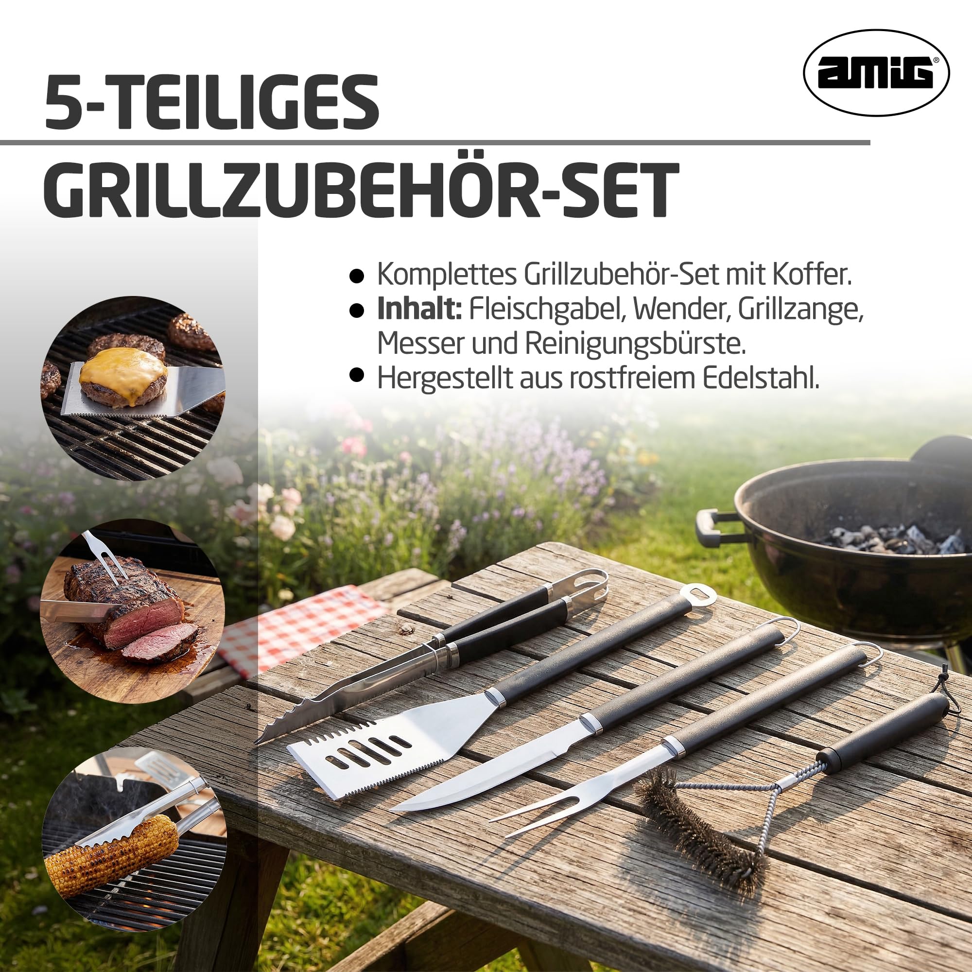 Amig - 5-teiliges Grillzubehör-Set - Edelstahl - Komplettes Utensilien-Set mit Tasche - Praktisches Zubehör und ansprechende Präsentation als Geschenk - Mod. AM01