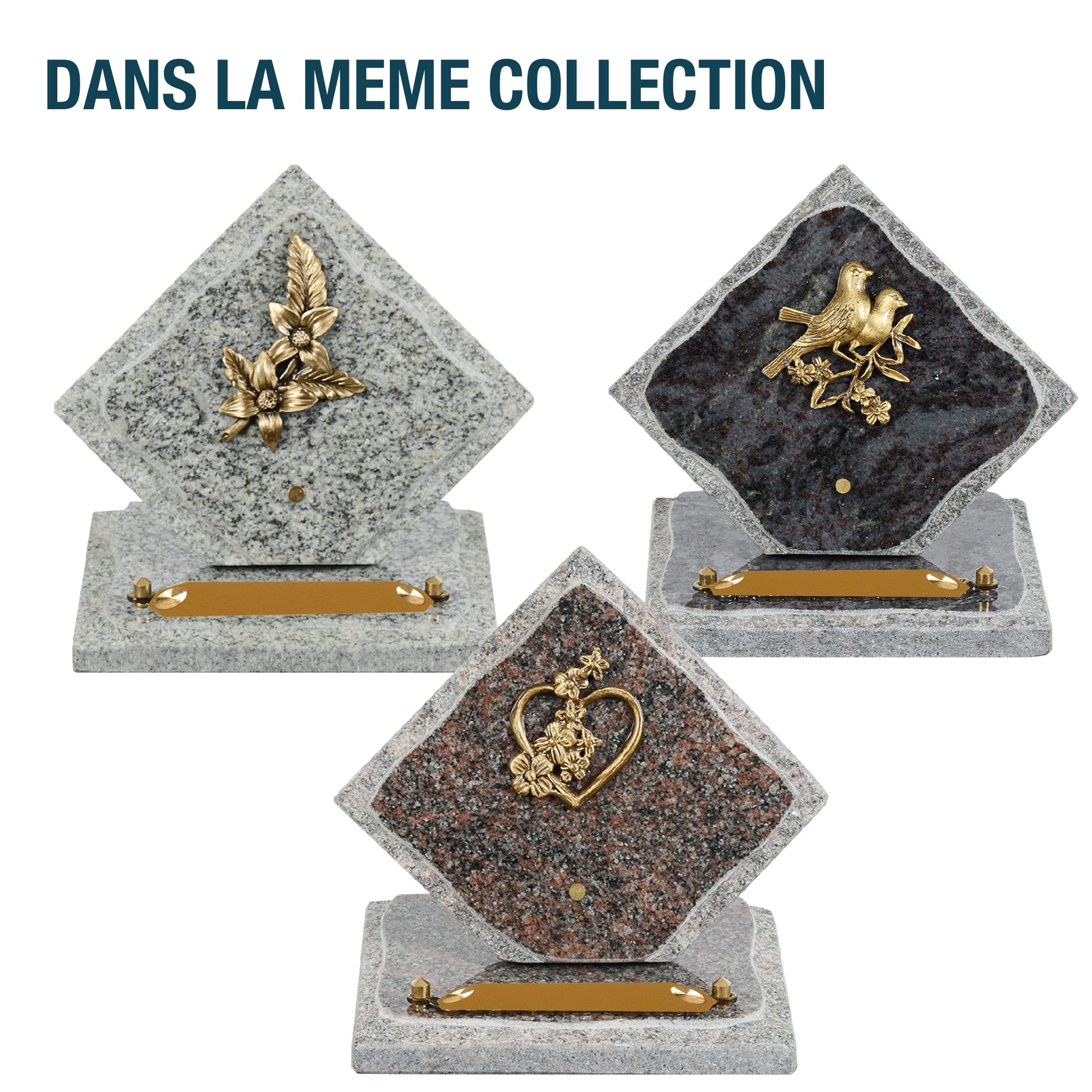 Plaque funéraire personnalisée losange - Granit - assemblée en France - bronze oiseaux - H 15 X L 15 cm - 1 texte