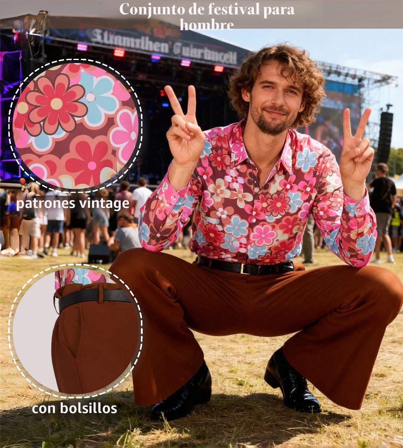 Disfraz de discoteca de los años 70, juego hippie para hombre con pantalones de bateo, camisa de los años 80, disfraz de carnaval para 50s, 60s, 70s, cosplay, fiesta de Halloween