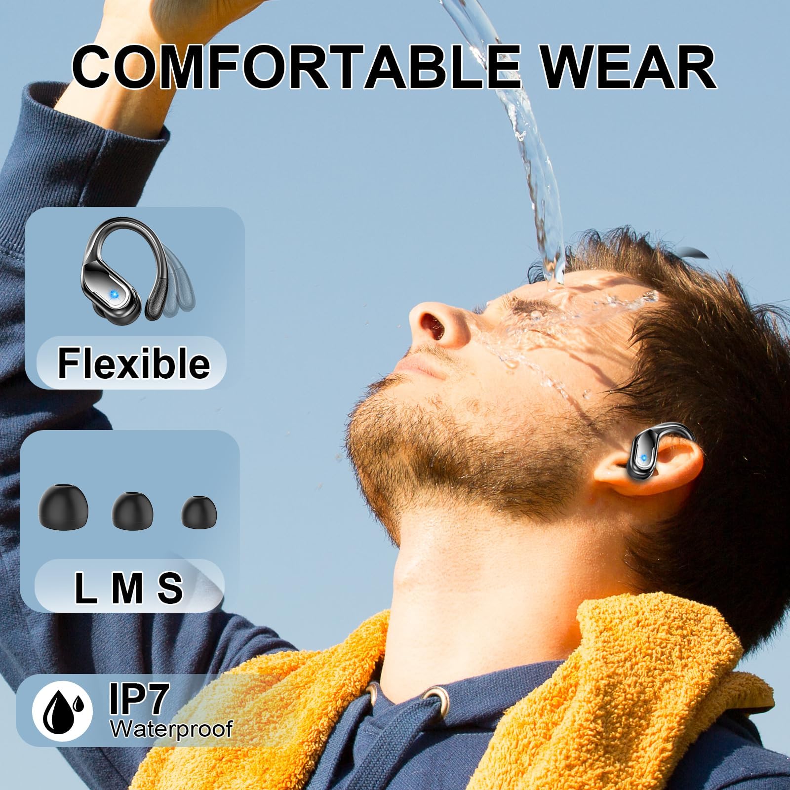 Écouteurs sans fil Bluetooth 5.4 avec stéréo 75 heures, 4 micros ENC, suppression du bruit avec crochets d'oreille, écouteurs étanches IP7 pour entraînement/course/gym
