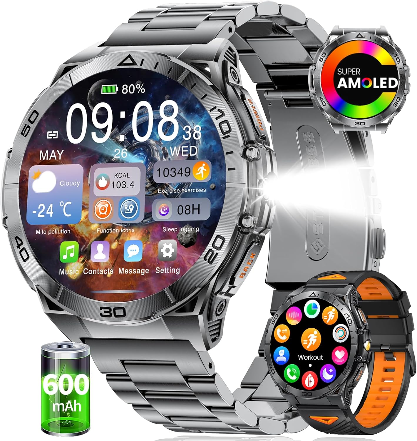 Smart Watches for Men with Flashlight,1.6" AMOLED Always on Display Outdoor Sports Smartwatch with 111 Sports modes ,Heart Rate/Sleep Monitor IP68 Waterproof Fitness Tracker for Android iOS,2 Straps