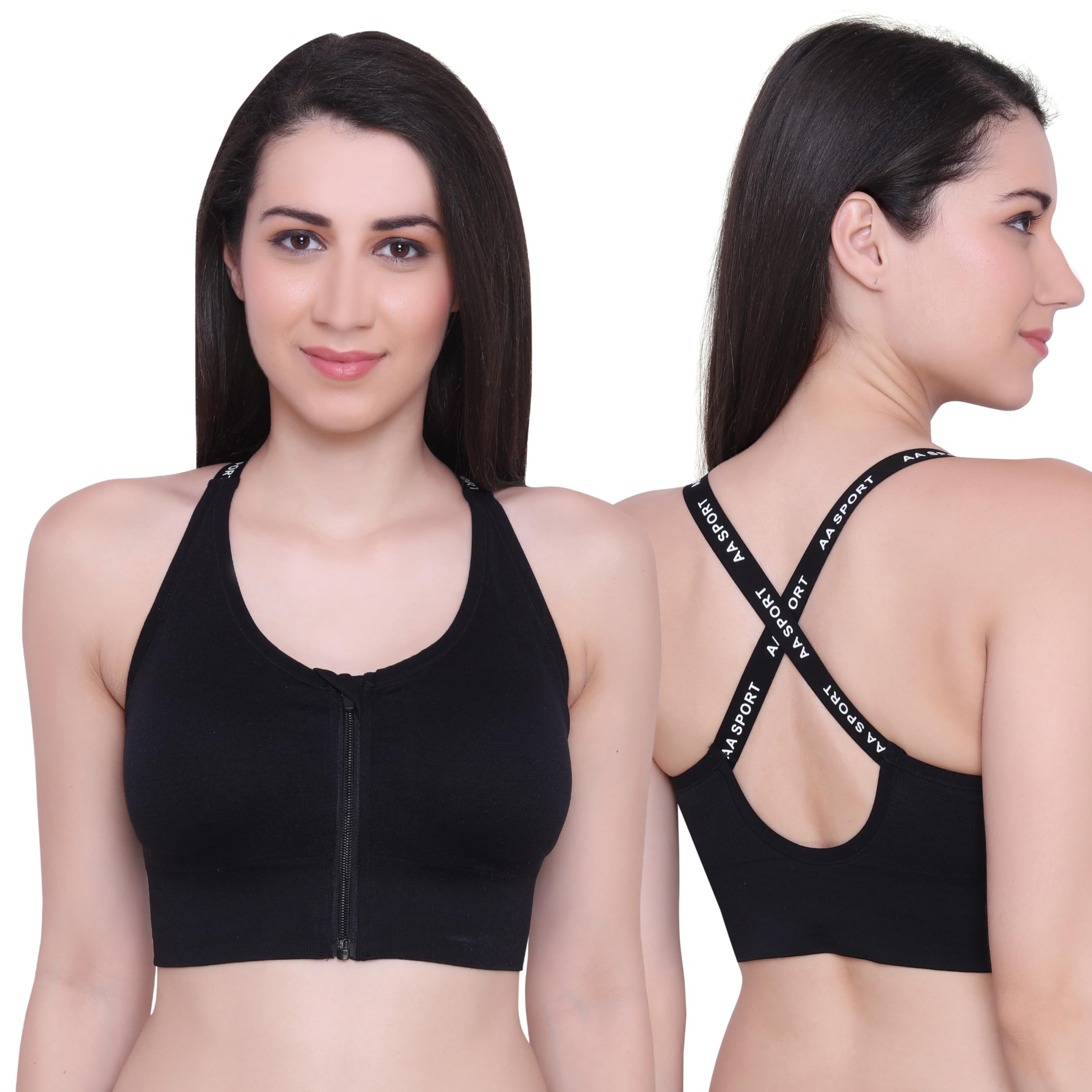 glamoras Womens Polyester Spandex Zipper Front Sports Bra Padded Wire Free Full Coverage Yoga Running Gym Wear with Criss Cross Elastic Back Strap - Size: S - XL-picture-24