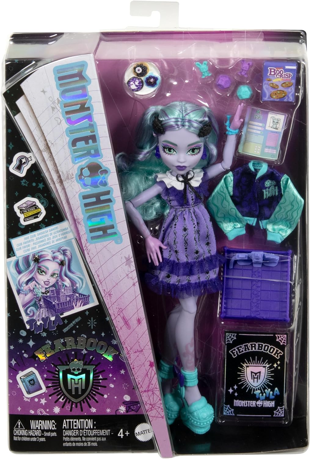 Monster High Fearbook Twyla Doll and Accessories Set with Game Club Theme Including Varsity Jacket, Yearbook, Board Game and Cookies